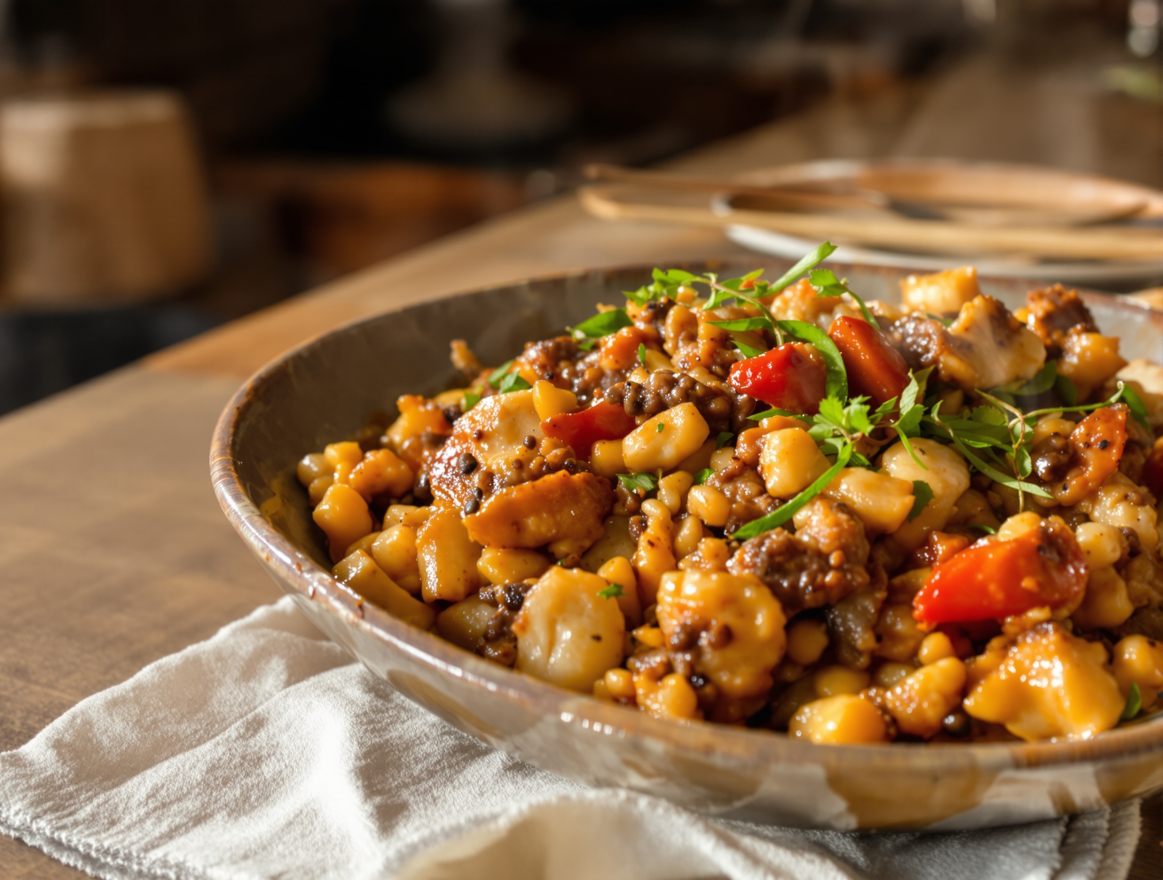 Plat de bistrot généreux et fumant sur une table en bois.