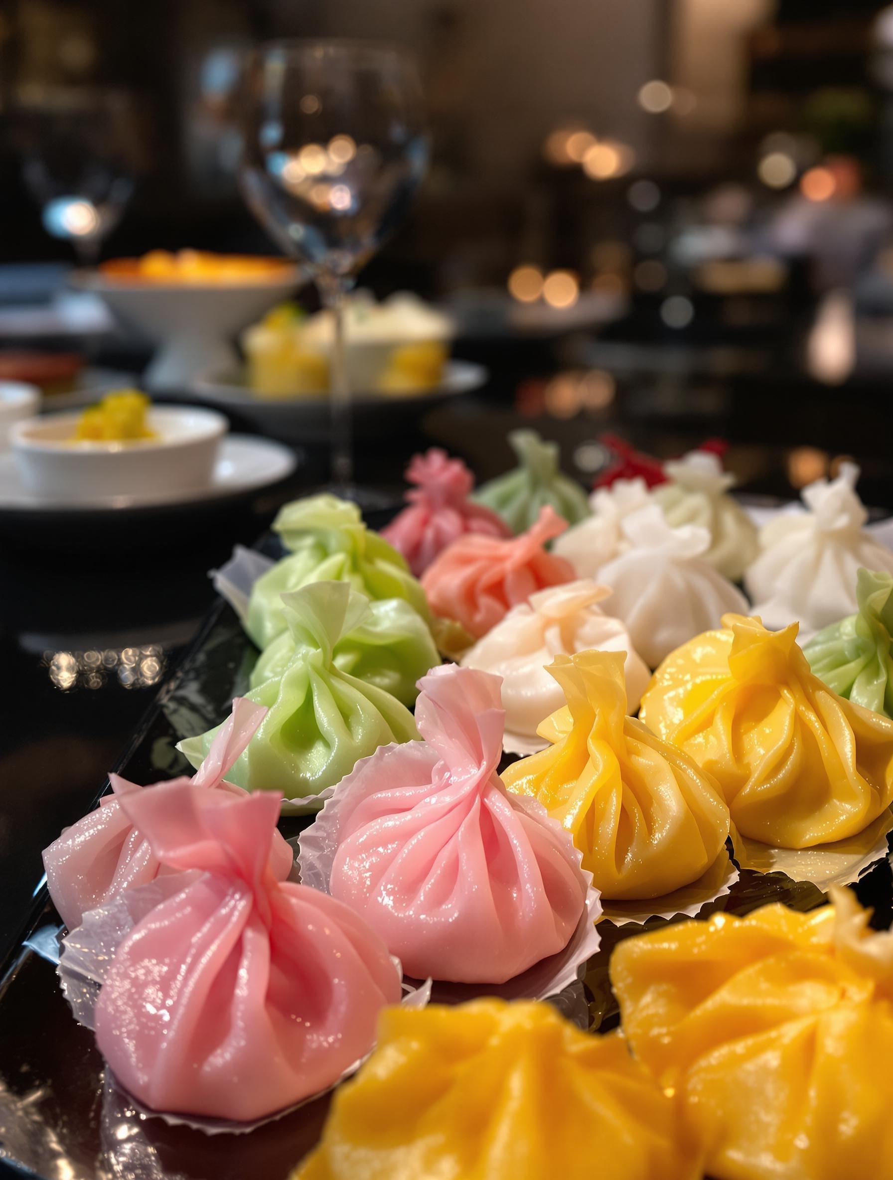 Plateau élégant de dim sum colorés servi chez Yauatcha à Chinatown Londres