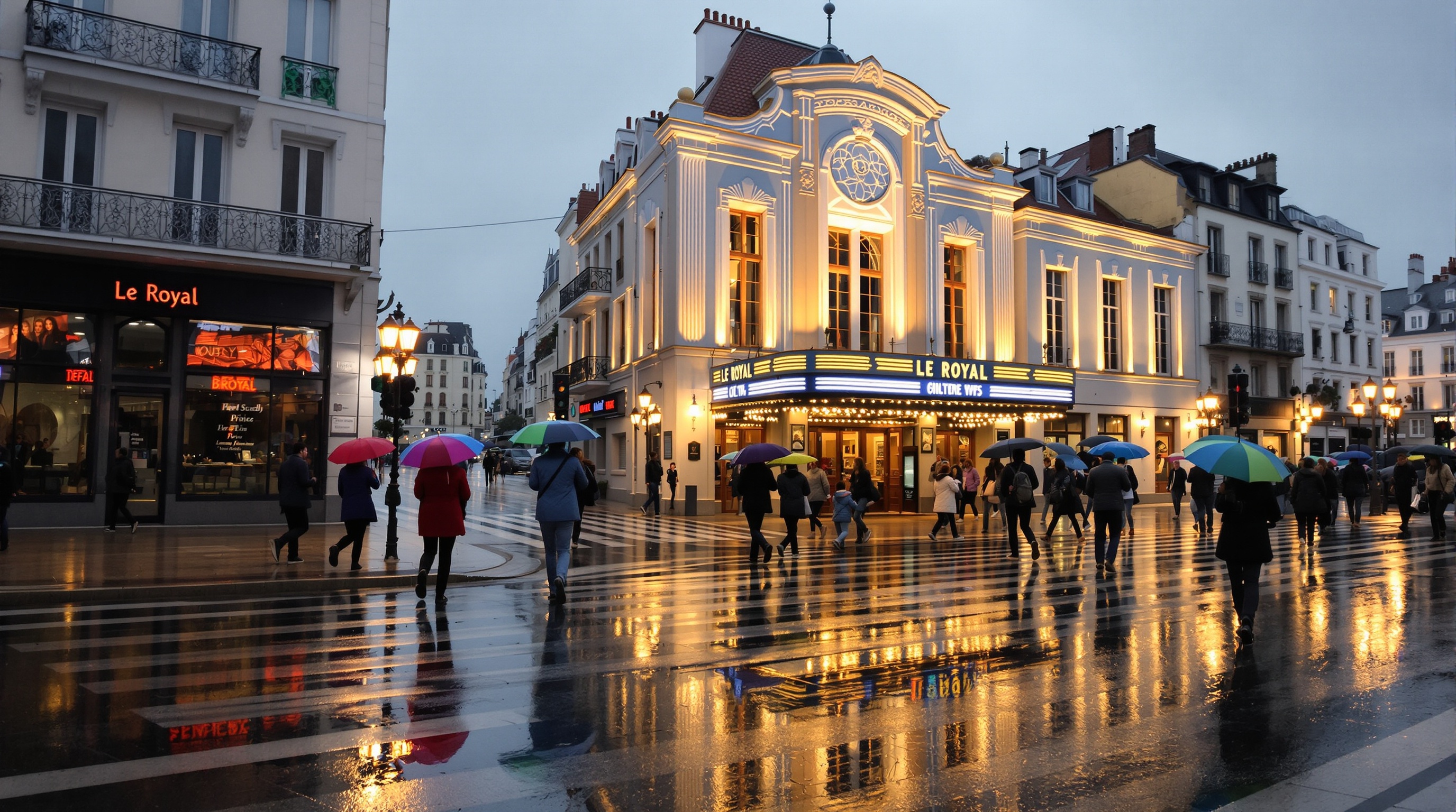Un jour de pluie à Biarritz devant le cinéma Le Royal.