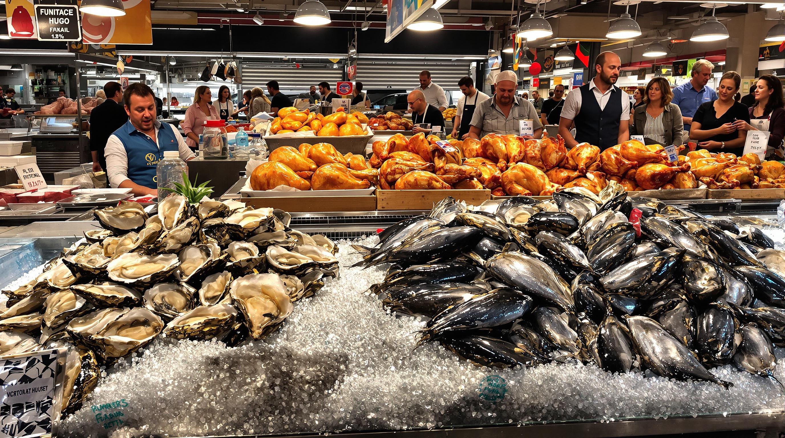 Poissonnerie et volailler Marché Victor Hugo : bancs frais, huîtres ouvertes à la volée, poulets dorés prêt à l’emporter.
