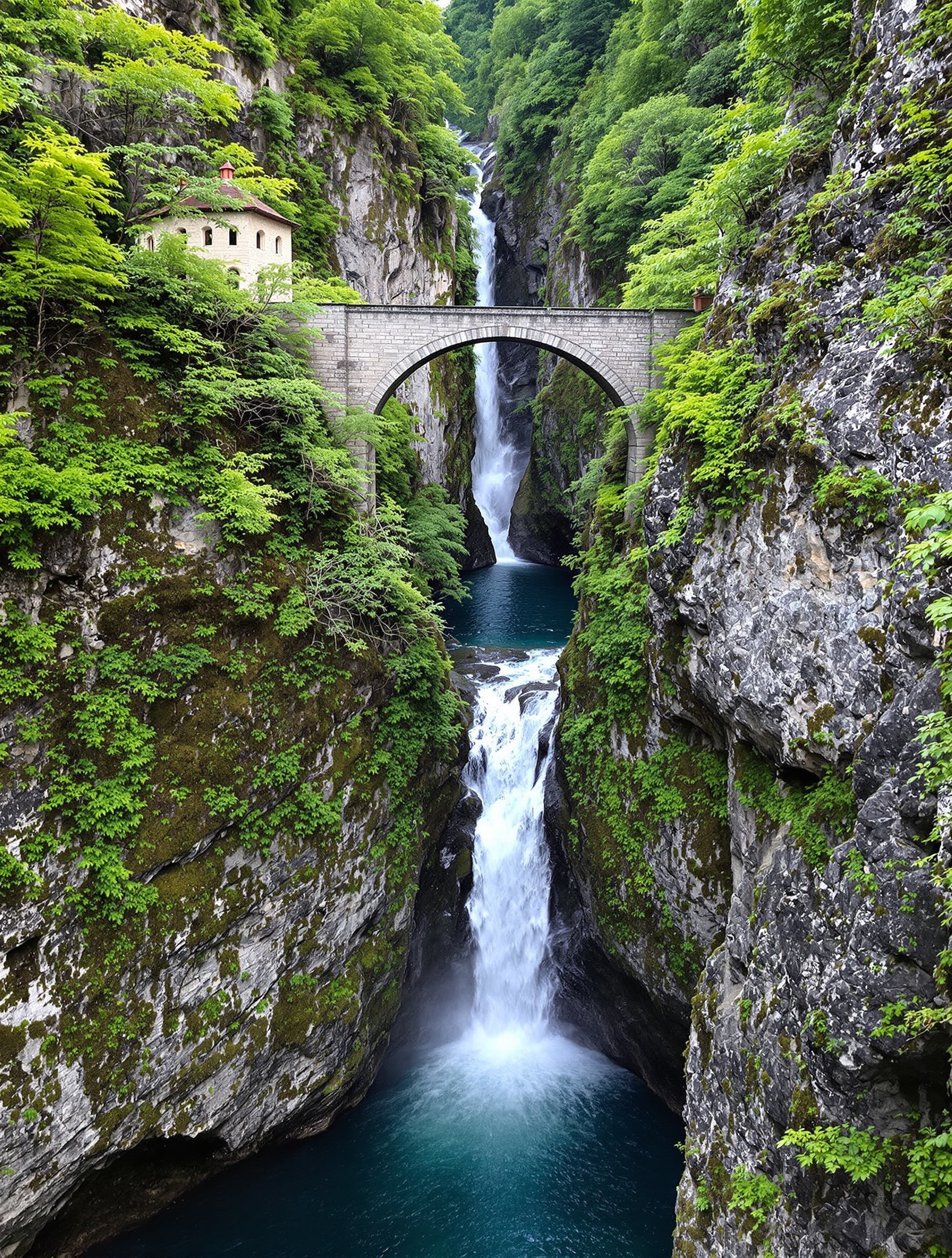 Pont romain sur la gorge Orrido di Nesso et cascade plongeant dans le Lac de Côme