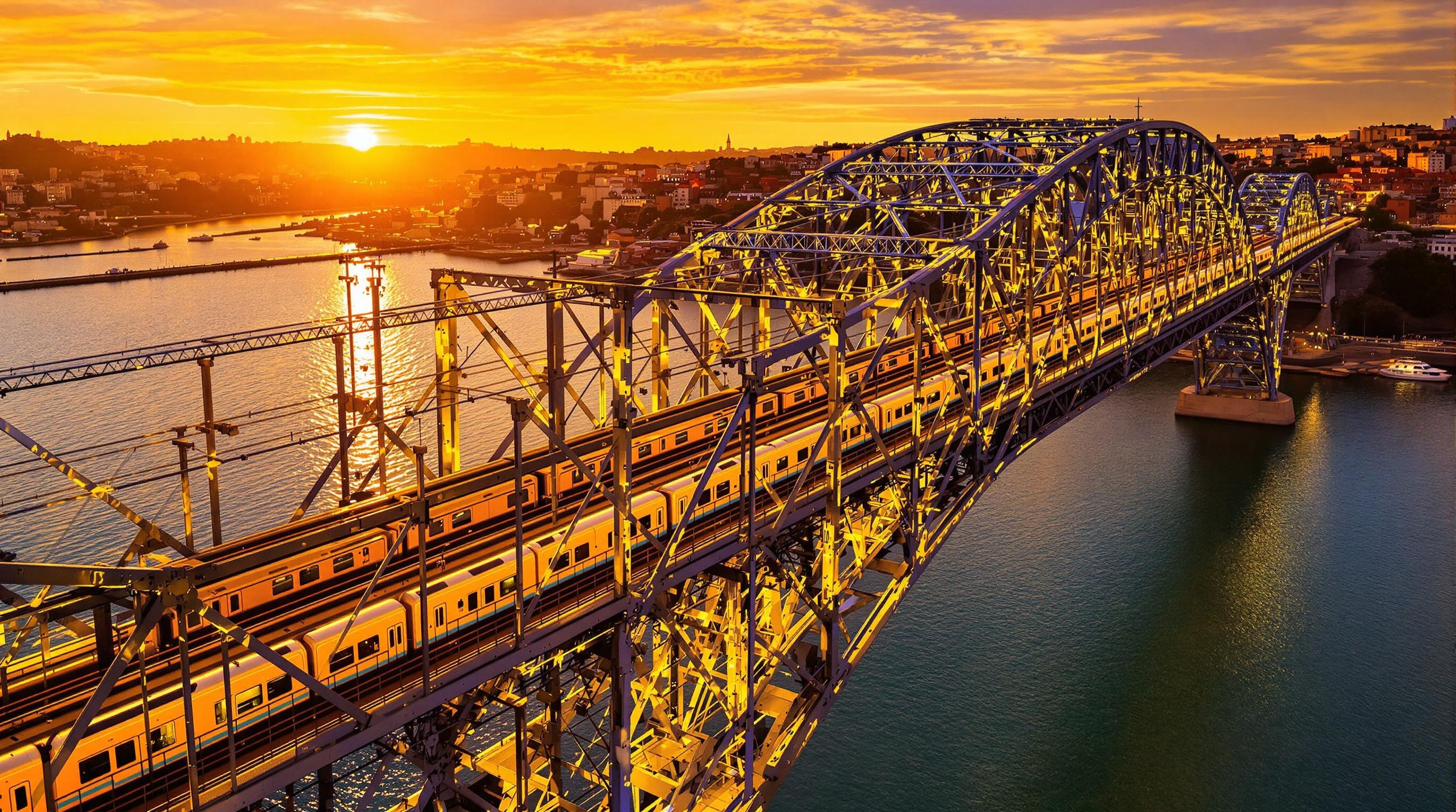 Vue en plongée sur le Pont Dom Luís I illuminé avec le métro Ligne D traversant au coucher du soleil.