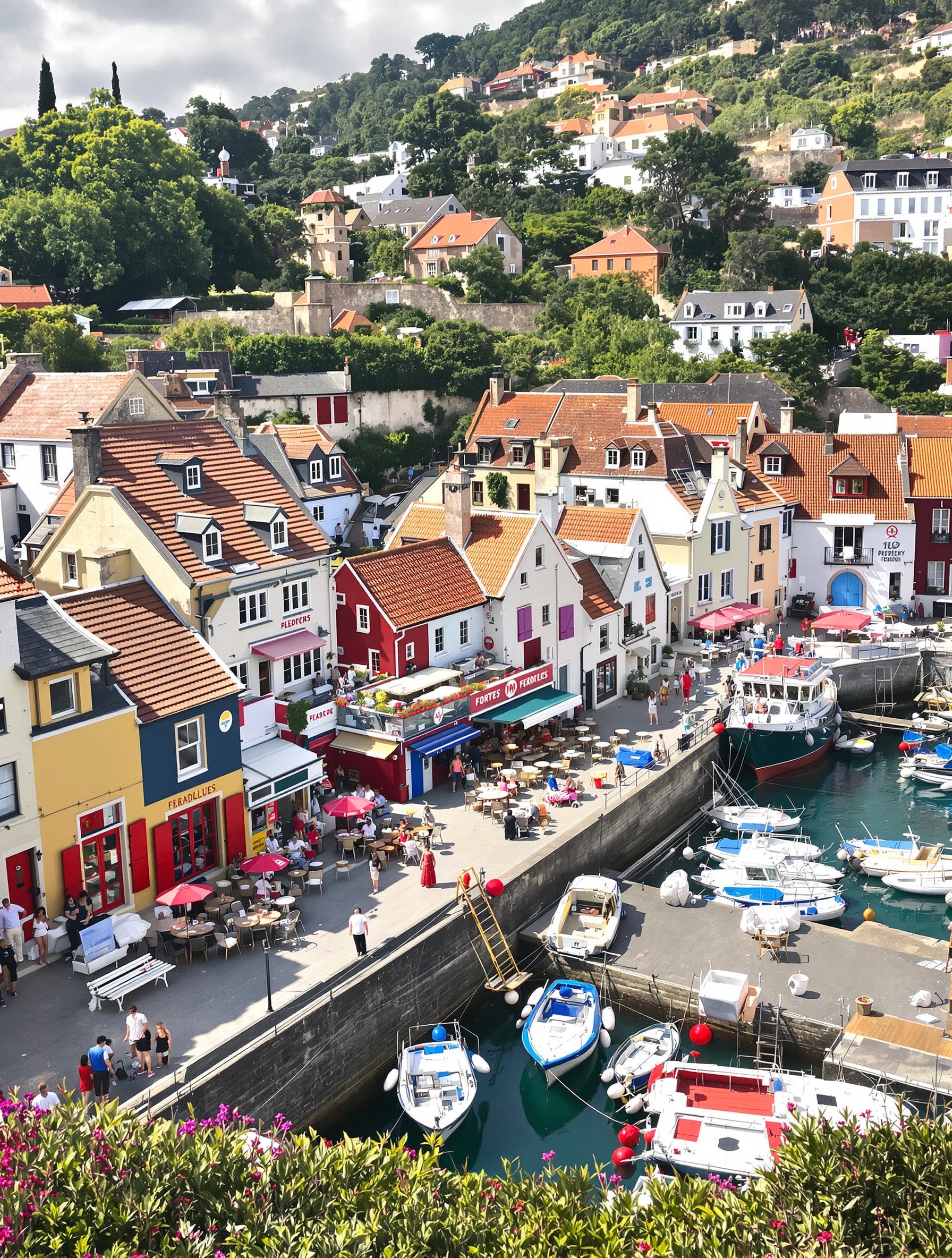 Le Port des Pêcheurs de Biarritz depuis les hauteurs avec crampottes colorées et terrasses.