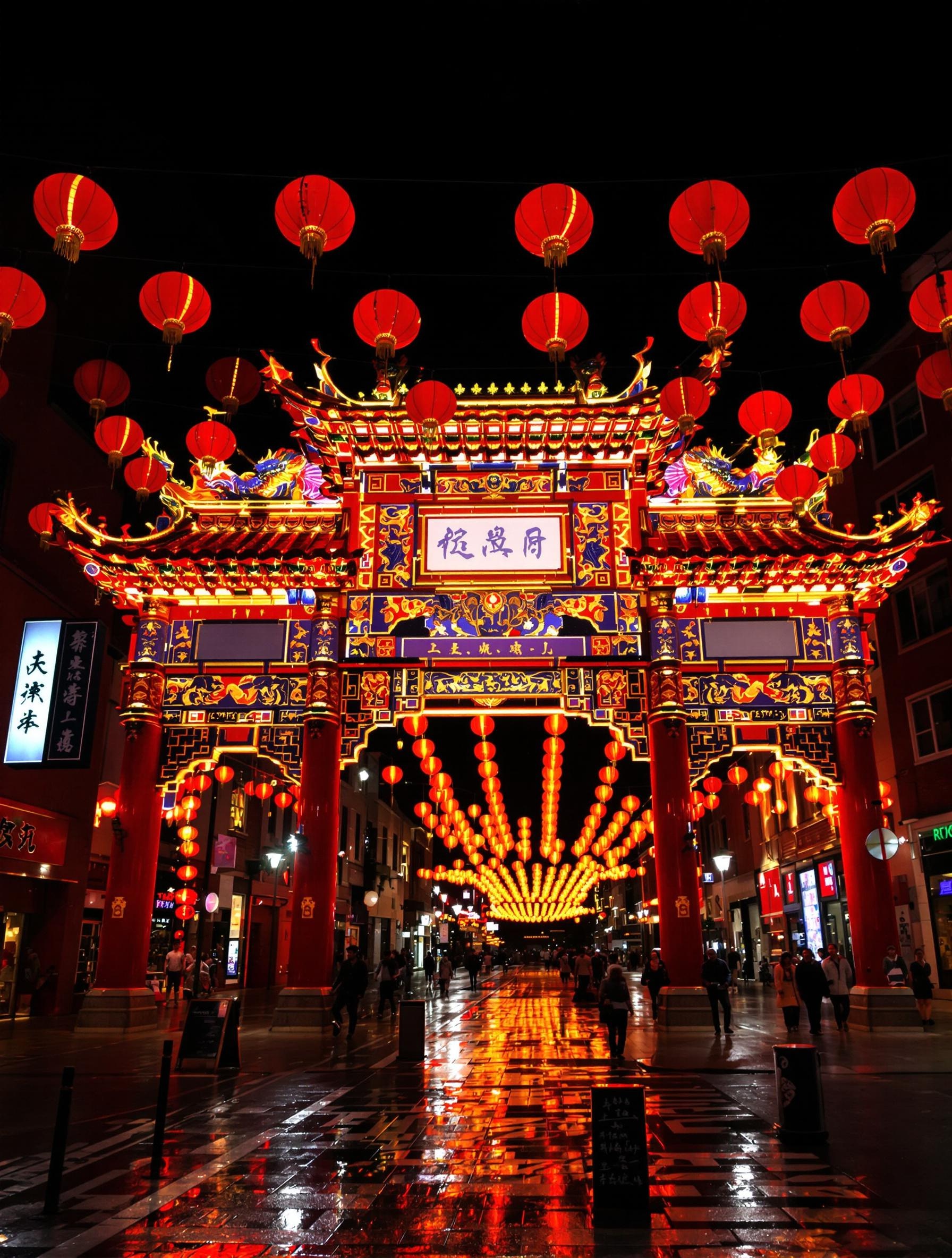 Porte chinoise illuminée à Chinatown Londres avec lanternes rouges suspendues