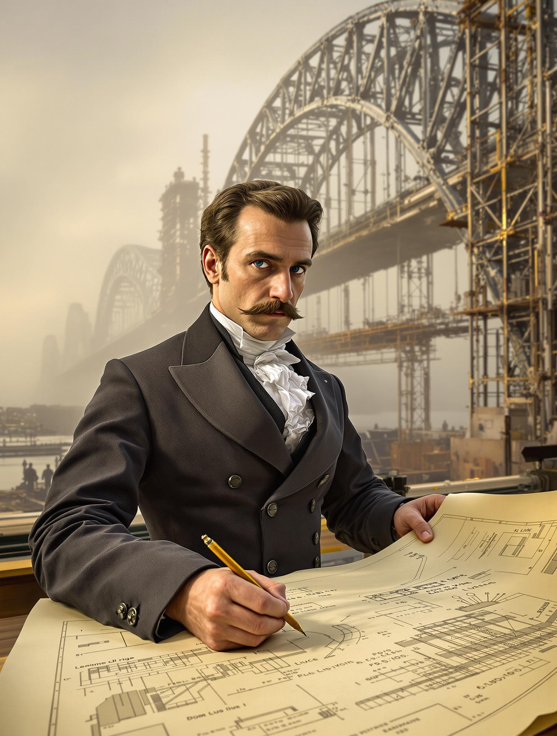 Portrait imaginaire de Théophile Seyrig esquissant les plans du Pont Dom Luís I sur fond d’arche en acier.