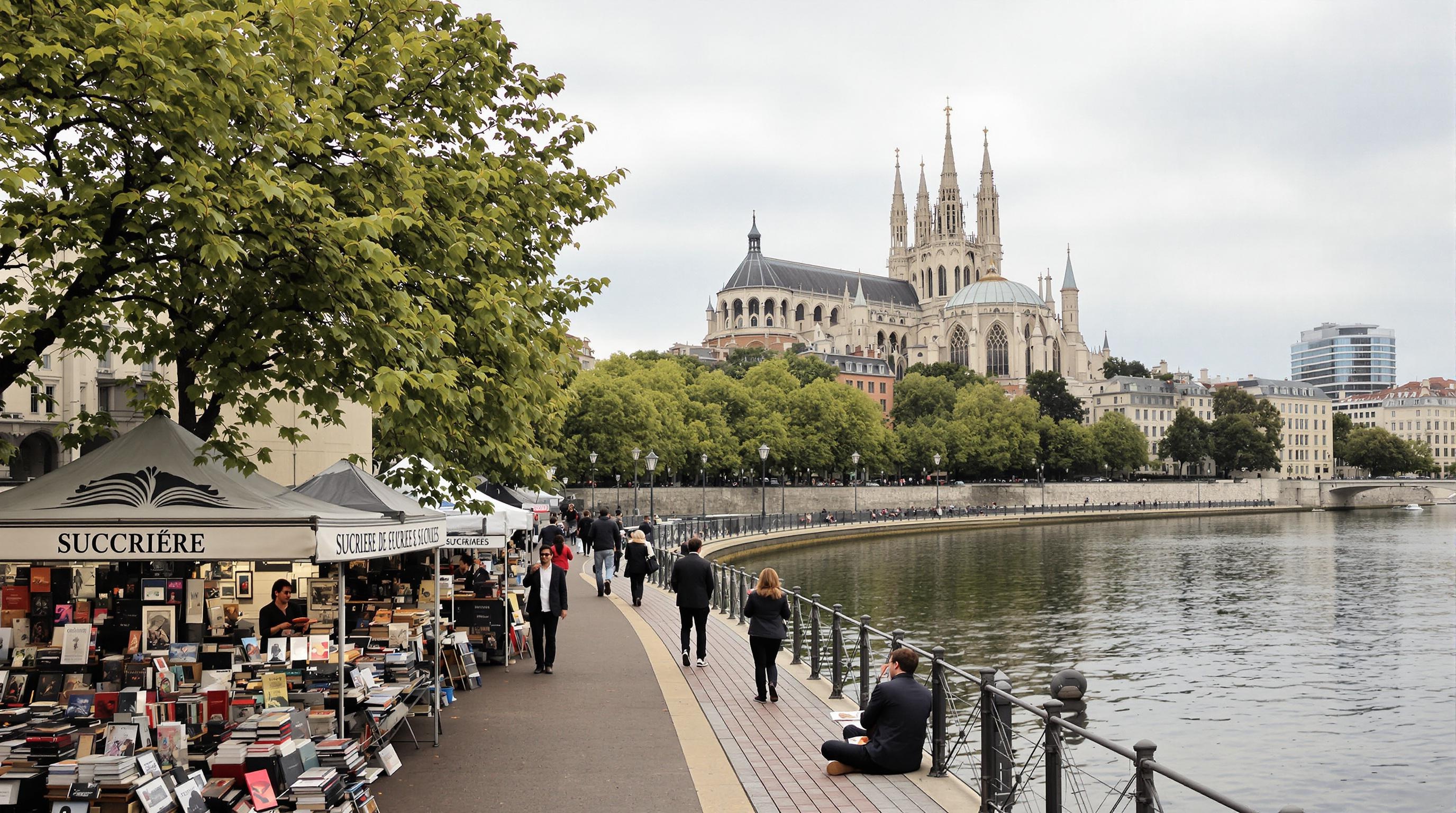 Vue authentique des quais de Saône à Lyon avec Cathédrale Saint-Jean en fond, bouquinistes et ambiance urbaine.
