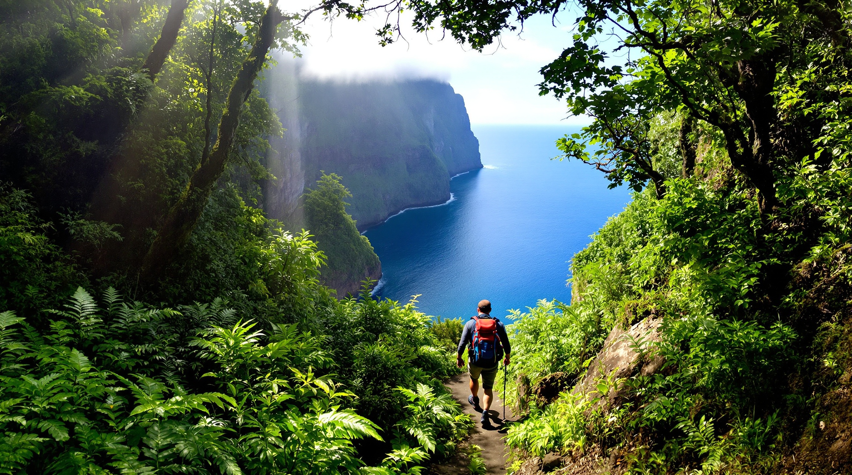 Randonnée sur levada à Madère avec falaise, océan et forêt luxuriante