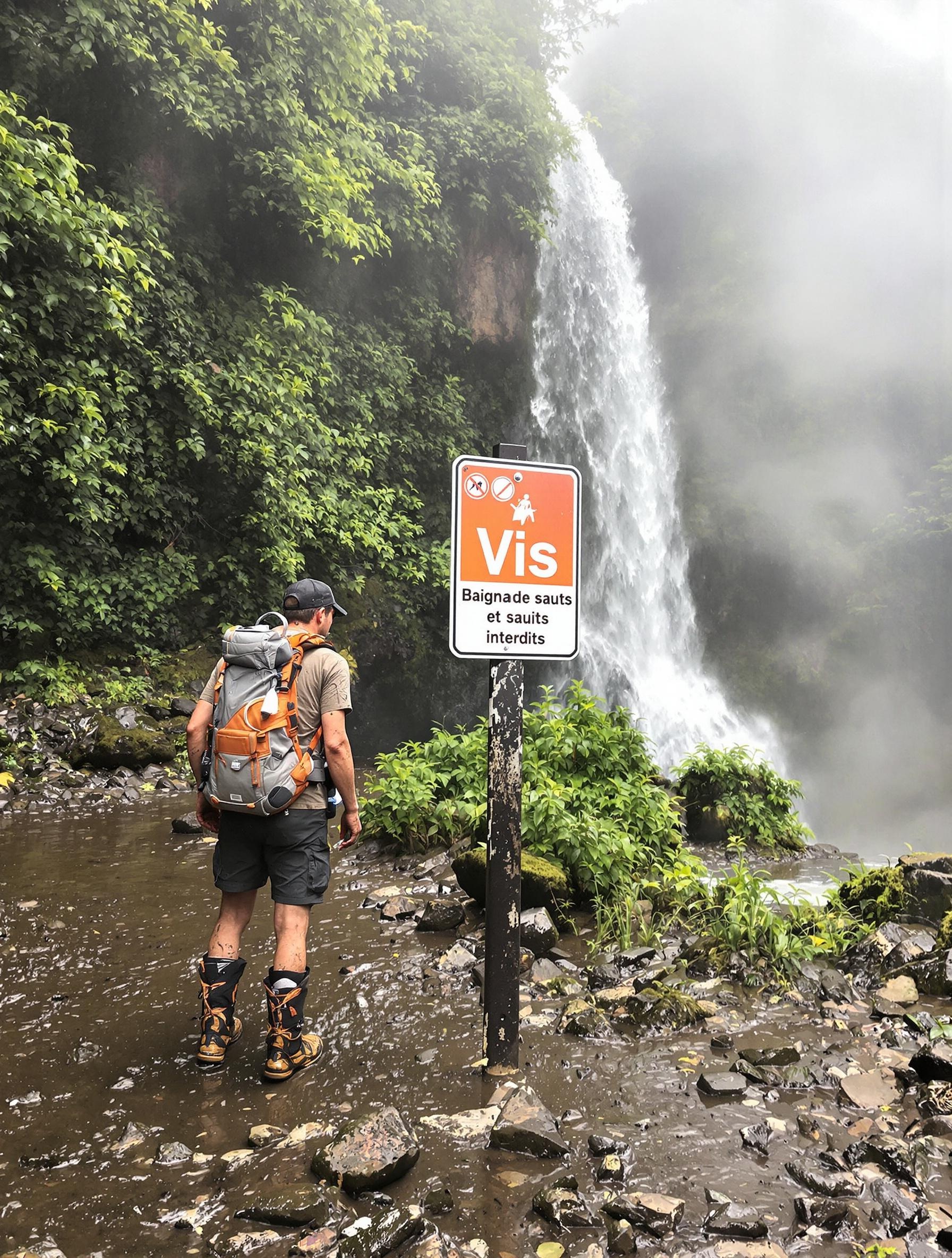 Panneau signalant l'interdiction de baignade à la cascade de la Vis