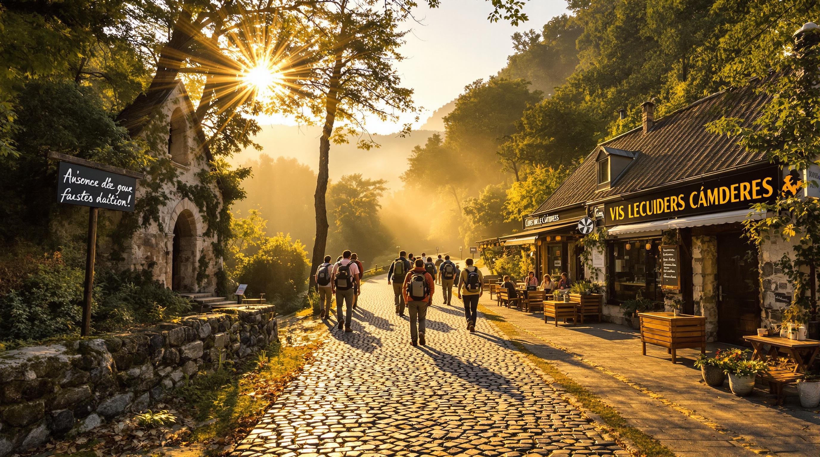 Sentier balisé menant à la cascade de la Vis avec chapelle et bistrots en arrière-plan