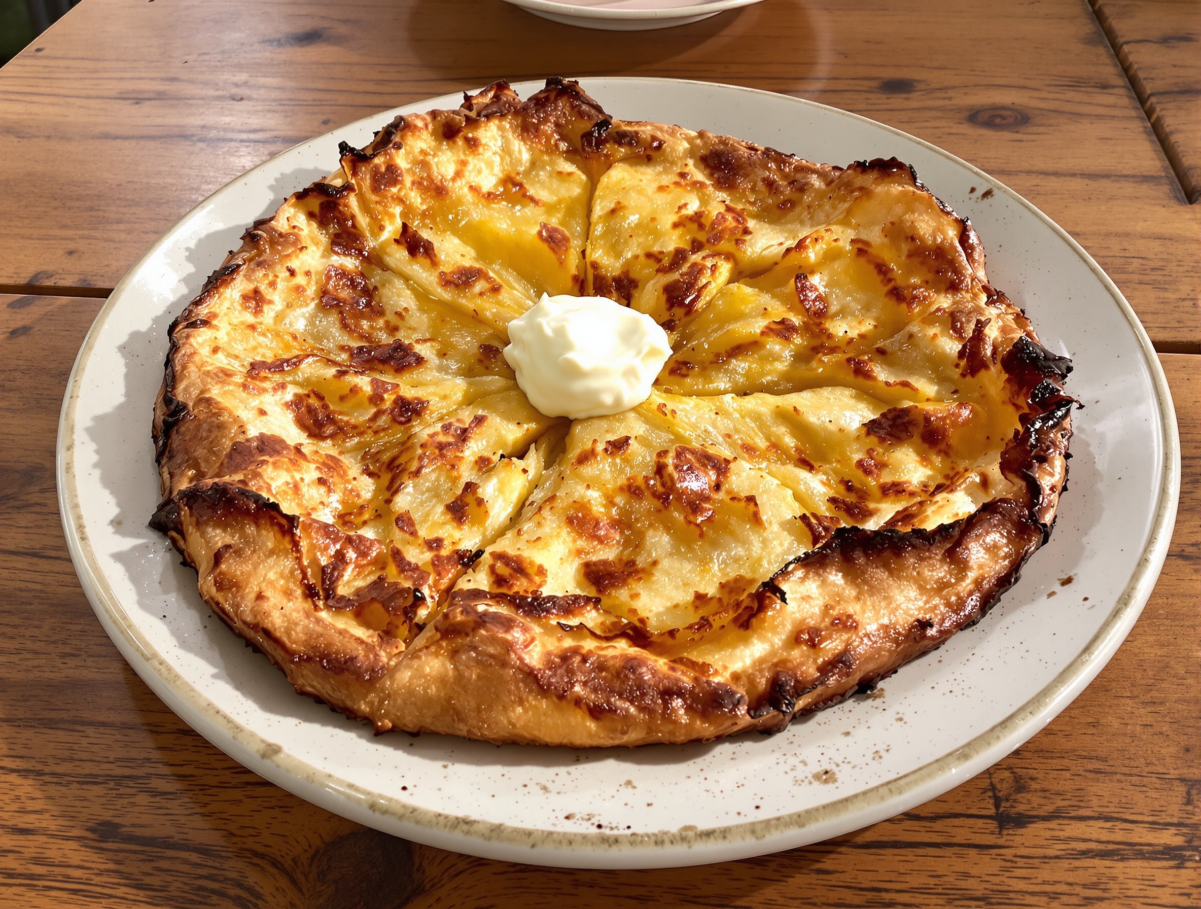 Rapée stéphanoise dorée et croustillante sur une table rustique.