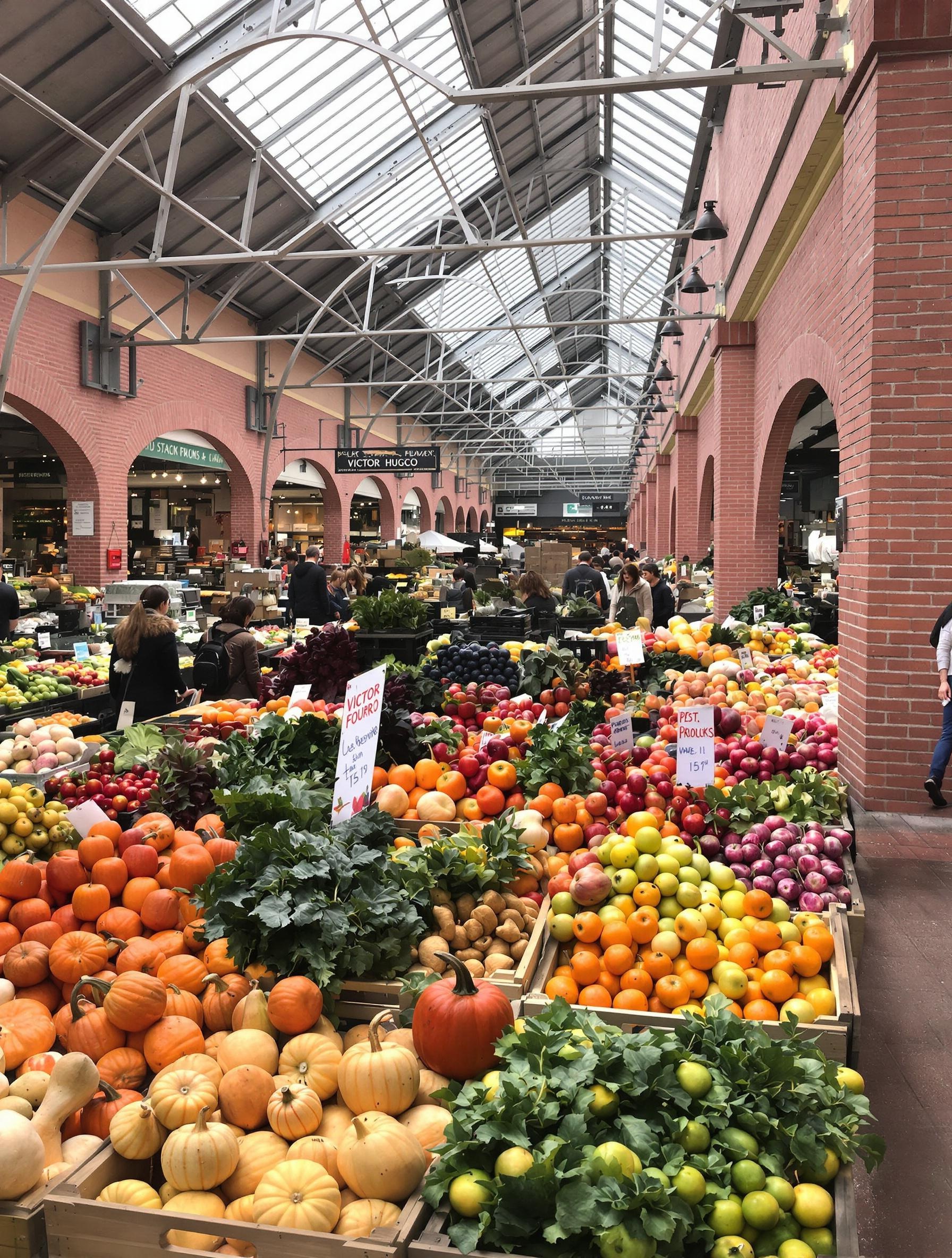 Rayon coloré de primeurs sous la halle Victor Hugo à Toulouse avec fruits et légumes d’automne sur fond de briques roses.