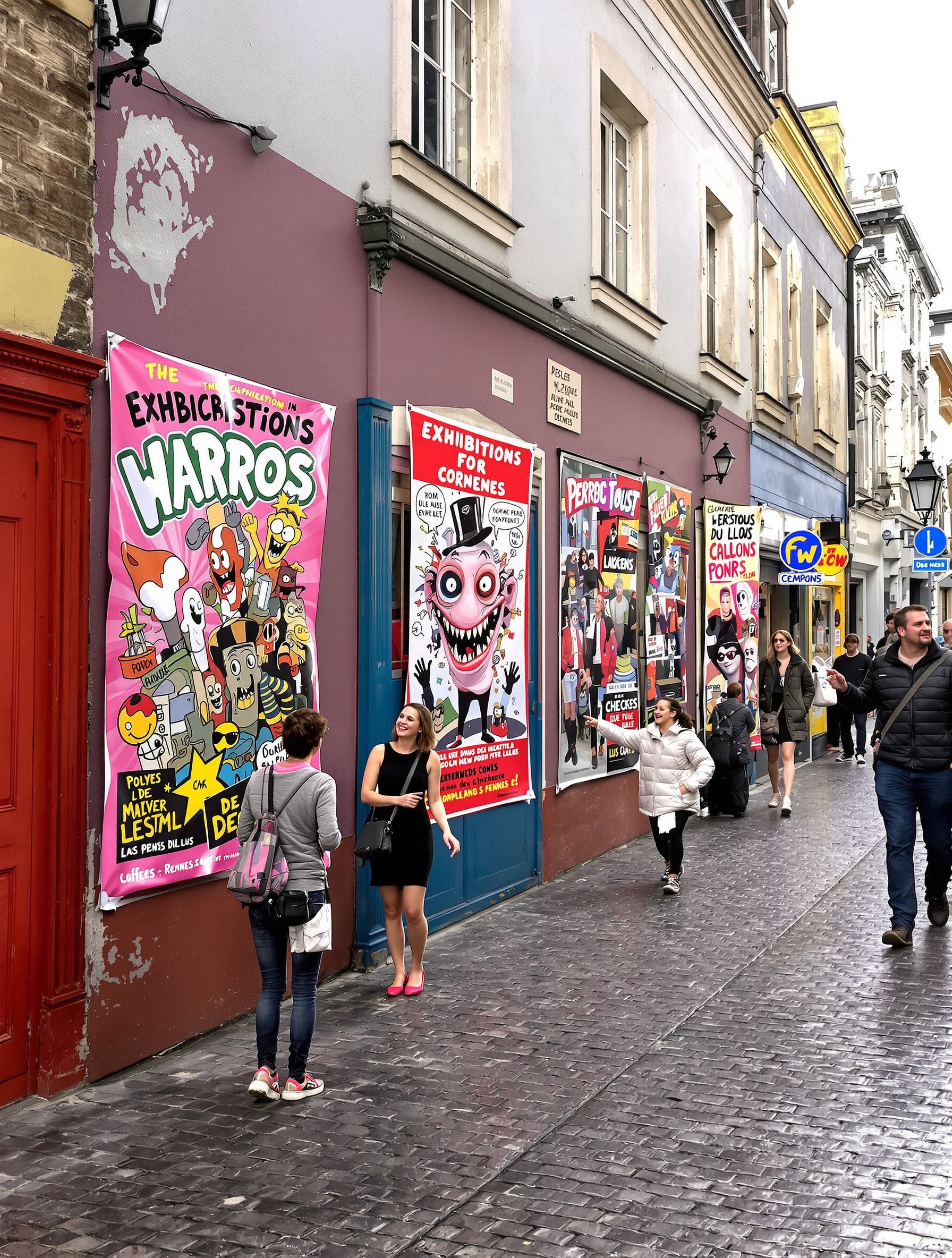 Rennes rue pavée affiches expositions décalées ambiance artistique
