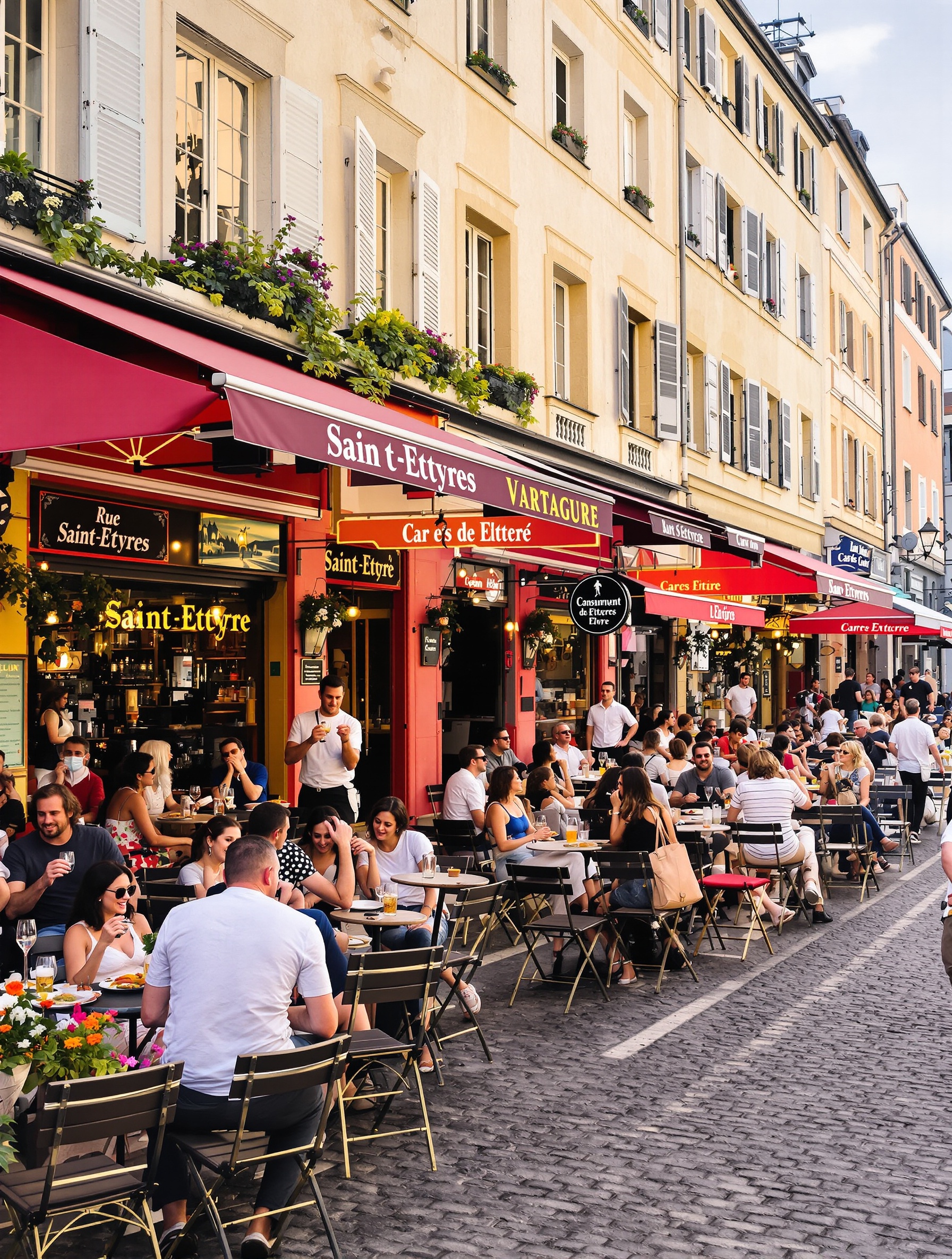Rue animée du centre-ville de Saint-Étienne avec terrasses bondées.