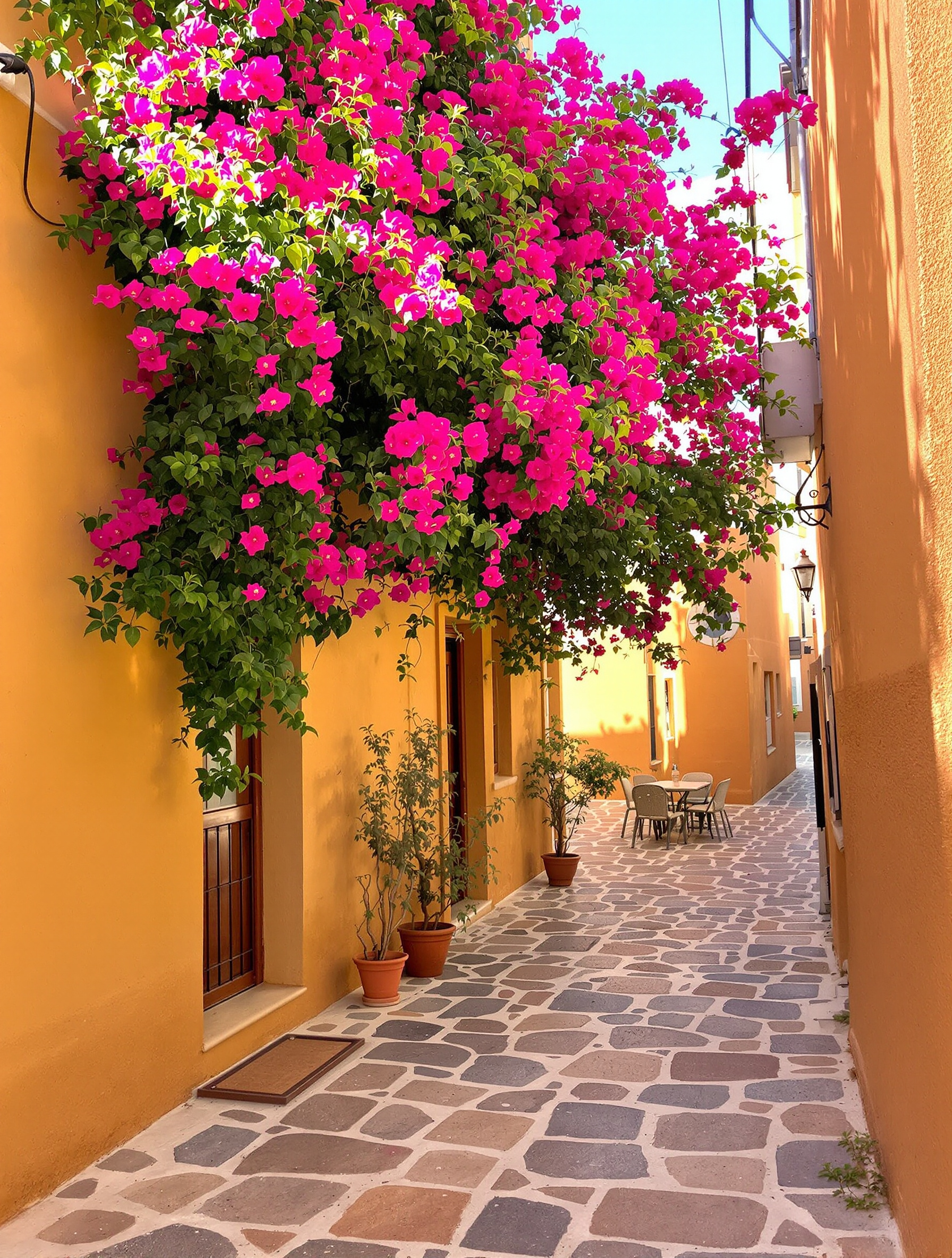 Une ruelle dérobée de la vieille ville de La Canée au petit matin, murs ocres et bougainvilliers en fleurs.