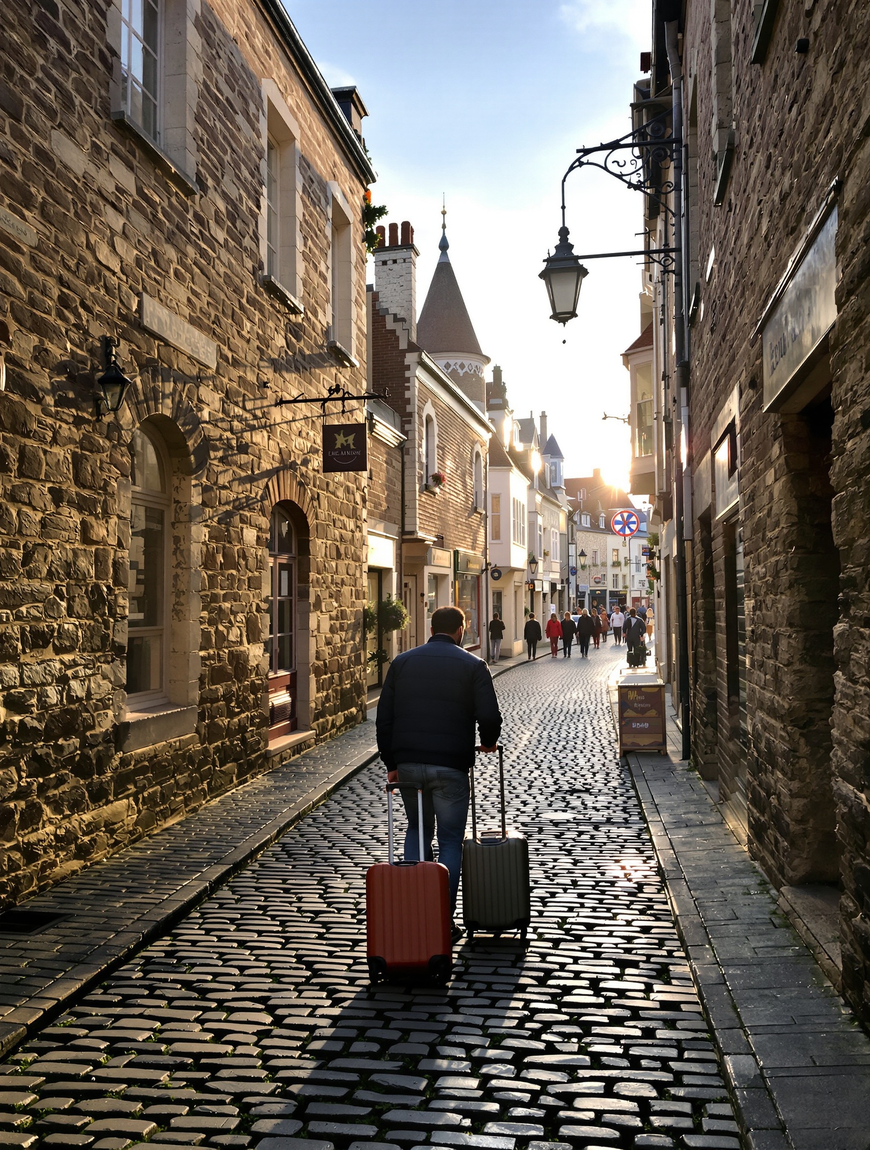 Ruelle pavée du Mont Saint-Michel au petit matin, sans foule
