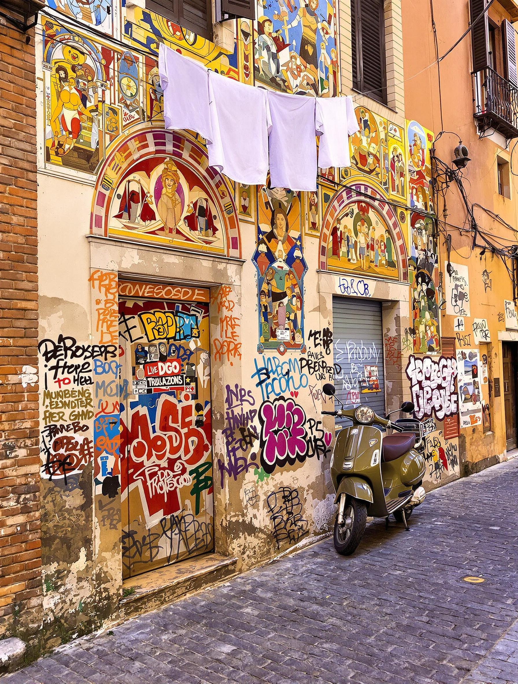 ruelle fresques street art Trastevere Vespa linge suspendu