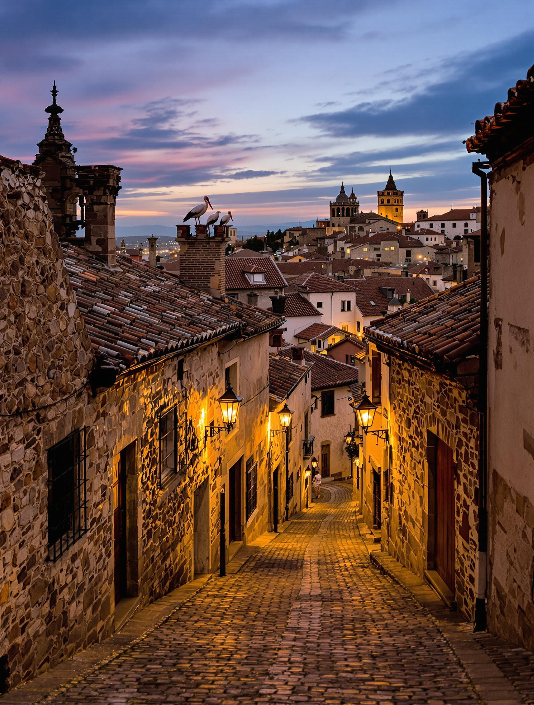 Ruelles pavées de Cáceres au crépuscule avec cigognes sur les toits