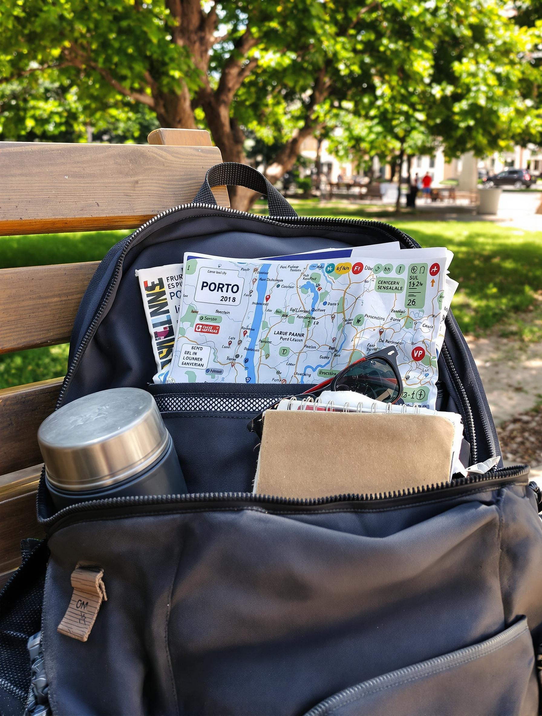 Sac à dos ouvert avec essentiels d'explorateur urbain à Porto