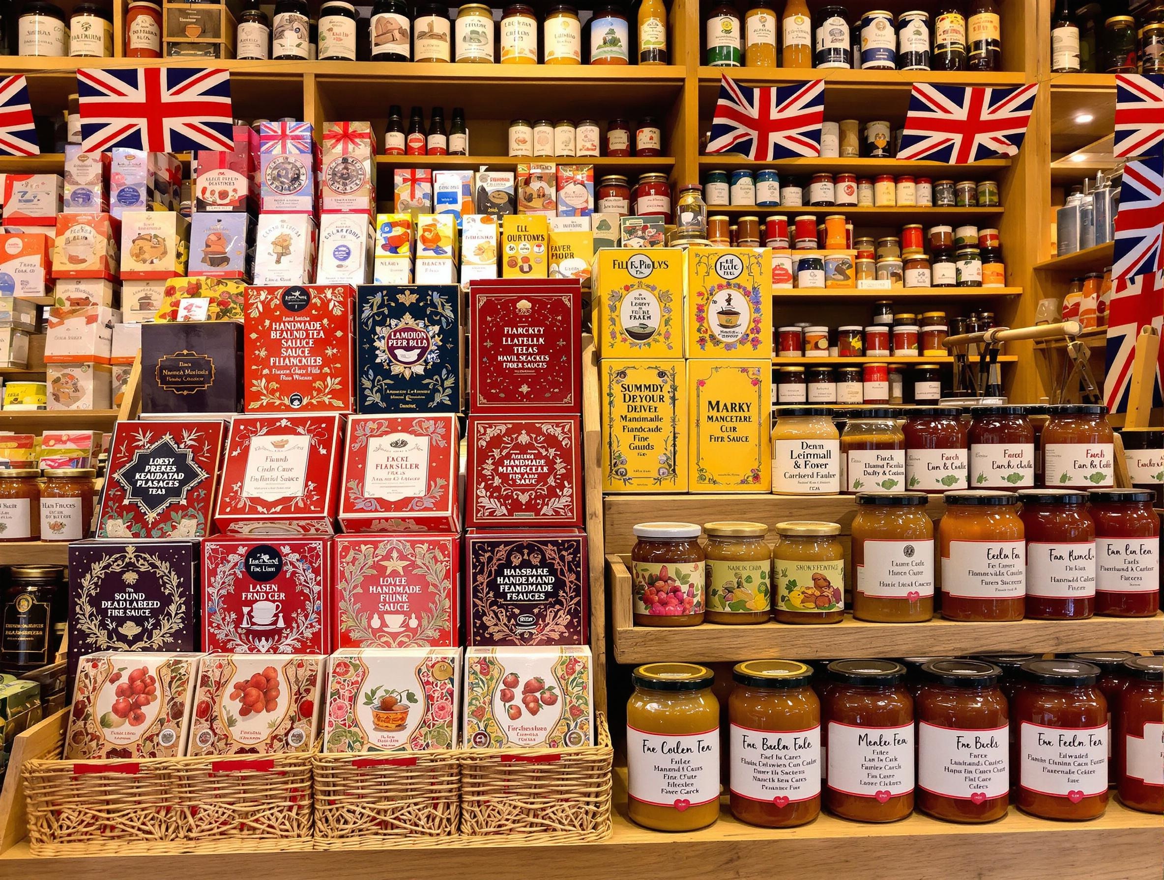 Sachets de thé artisanal et sauces artisanales sur étalage typiquement londonien.