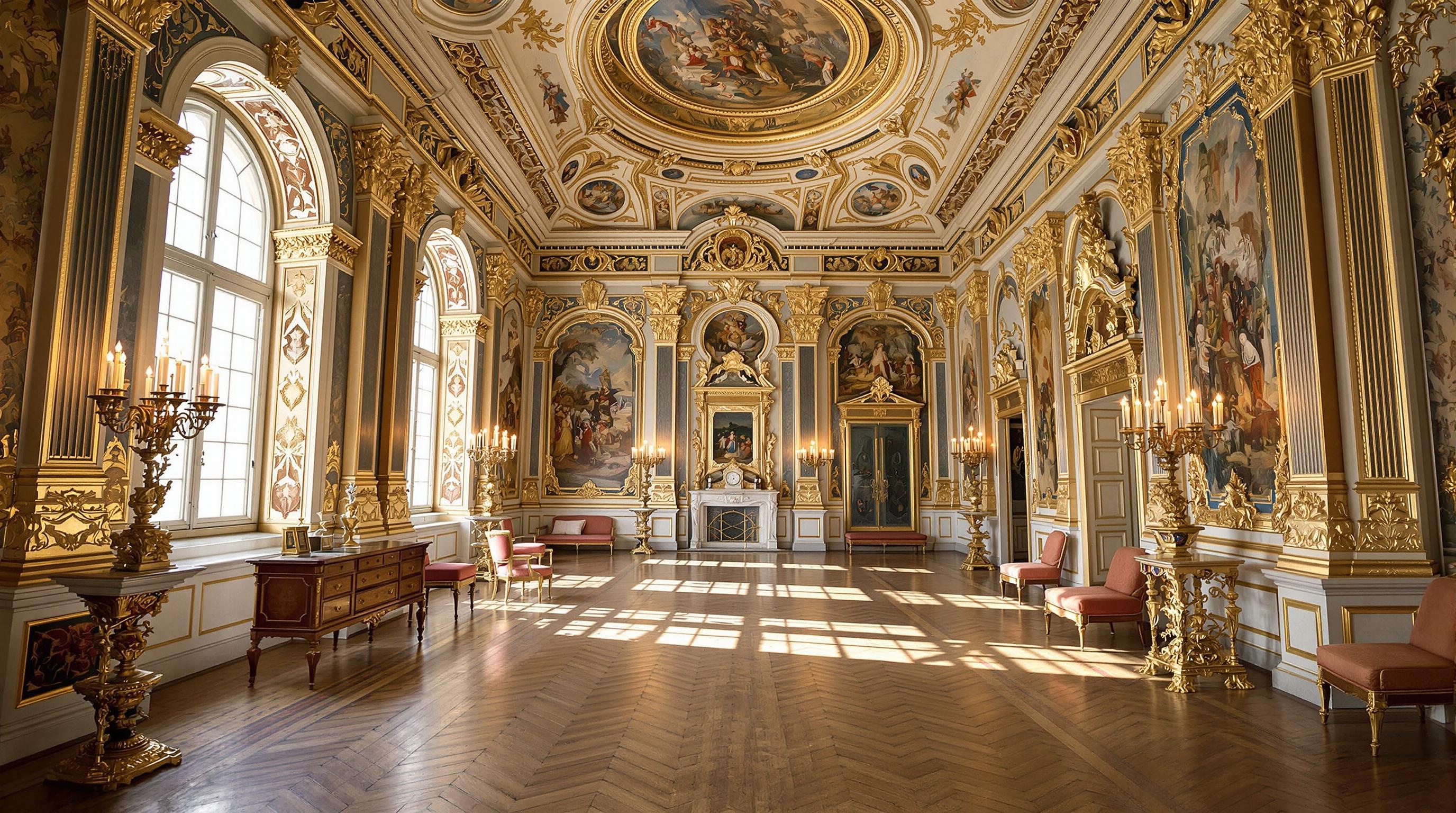 Salle méconnue du Palais du Belvédère à Vienne, lumière rasante sur des ornements baroques