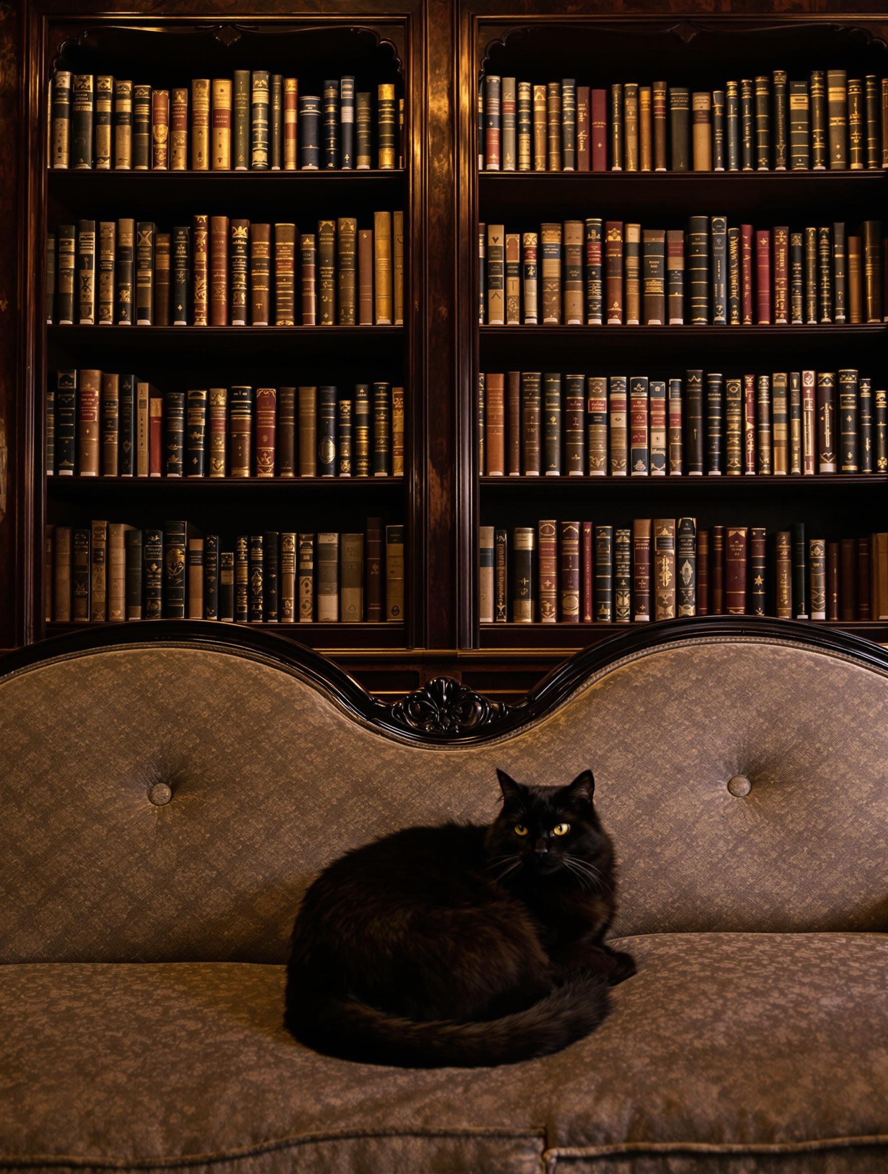 petit salon intimiste Gato Vadio Library Porto chat noir rayonnage anciens