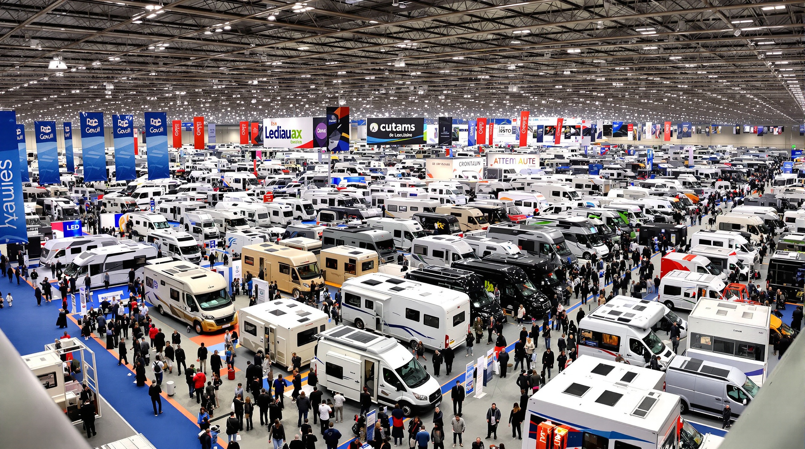 Vue d'ensemble du Salon des Véhicules de Loisirs au Parc des Expositions de Paris-Le Bourget, avec des camping-cars, vans et caravanes exposés, et des visiteurs parcourant les allées.