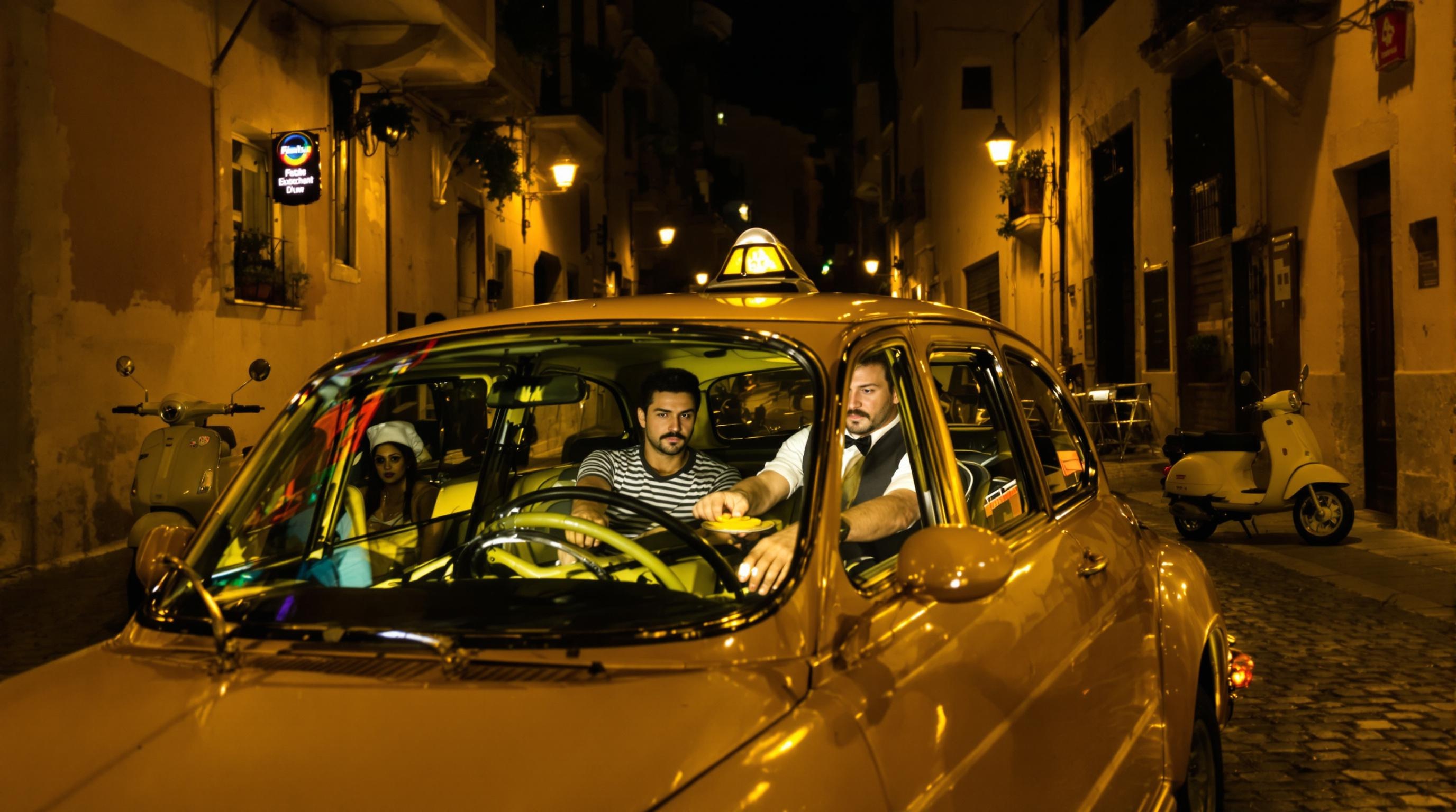 Taxi jaune Fiat avec chauffeur moustachu à Naples acceptant de la monnaie