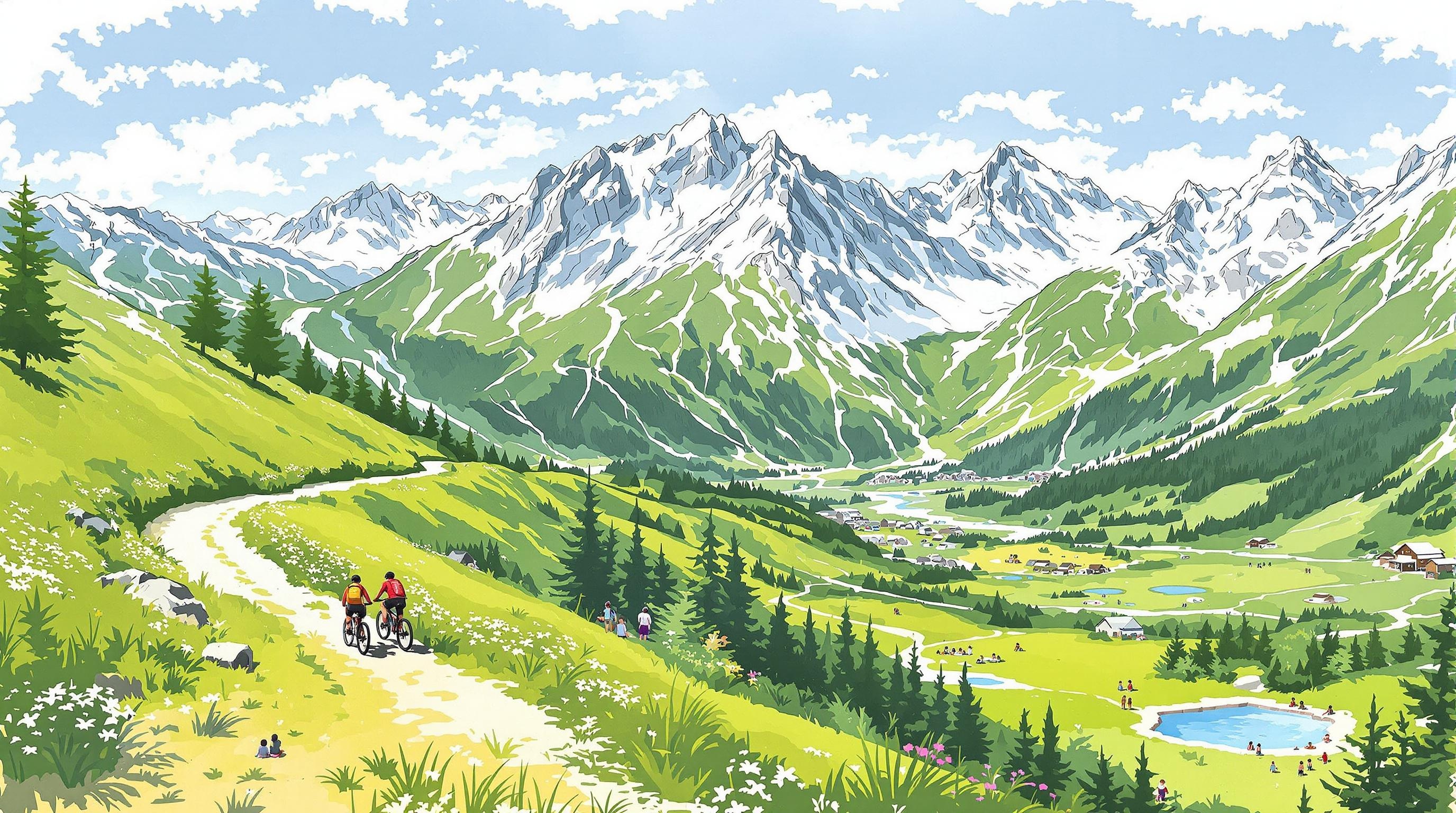Scène estivale à Samoëns : randonnée, VTT et familles au Lac aux Dames