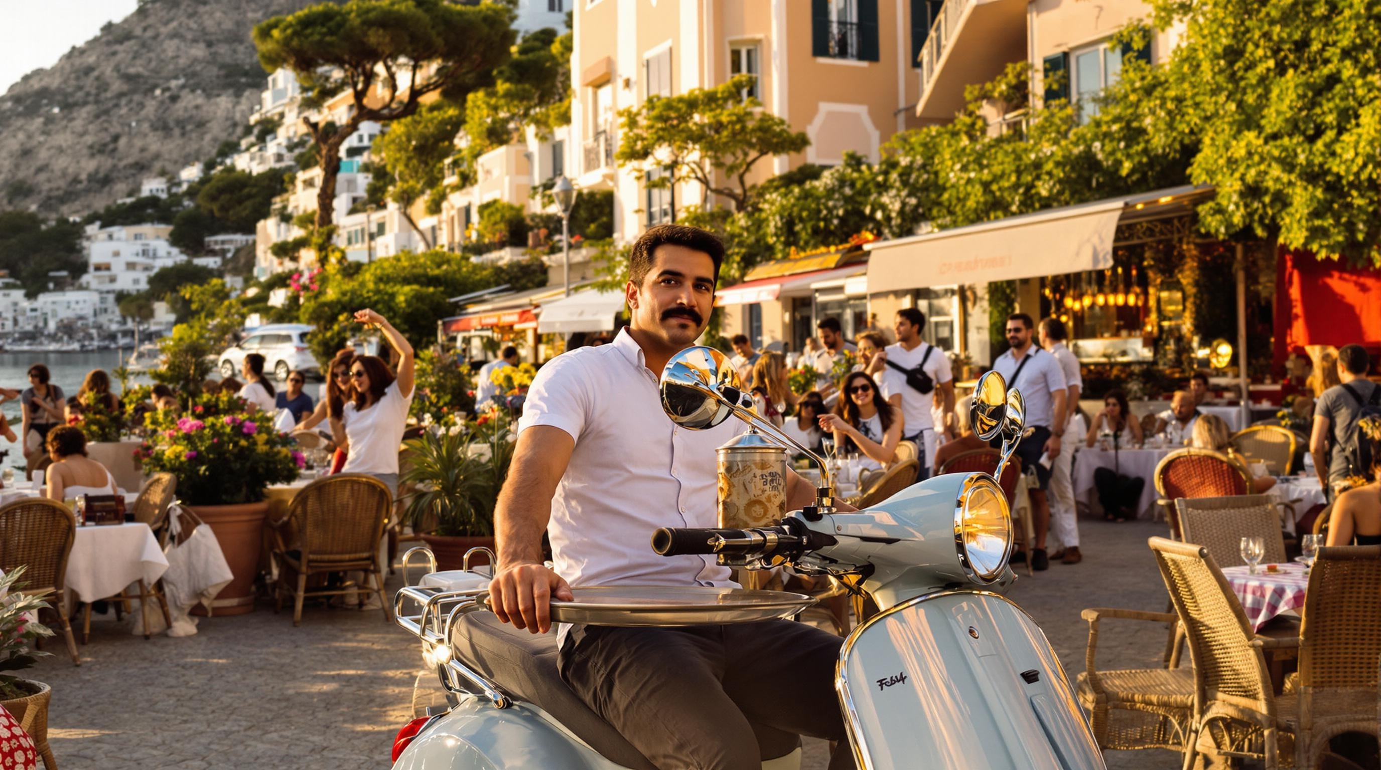 Serveur Vespa Capri terrasse clients thermos pourboire ambiance italienne
