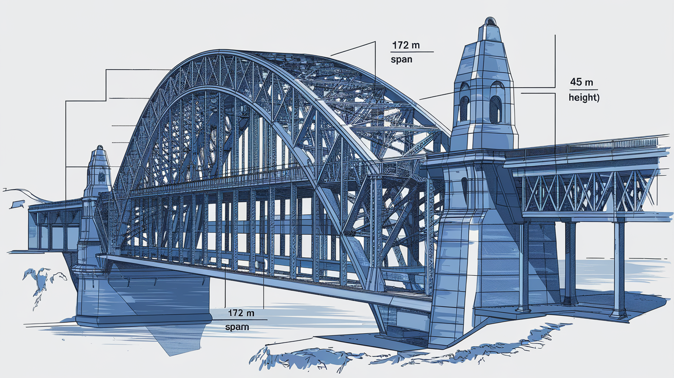 Schéma technique stylisé du Pont Dom Luís I à Porto : arche métallique centrale, double tablier et mensurations.