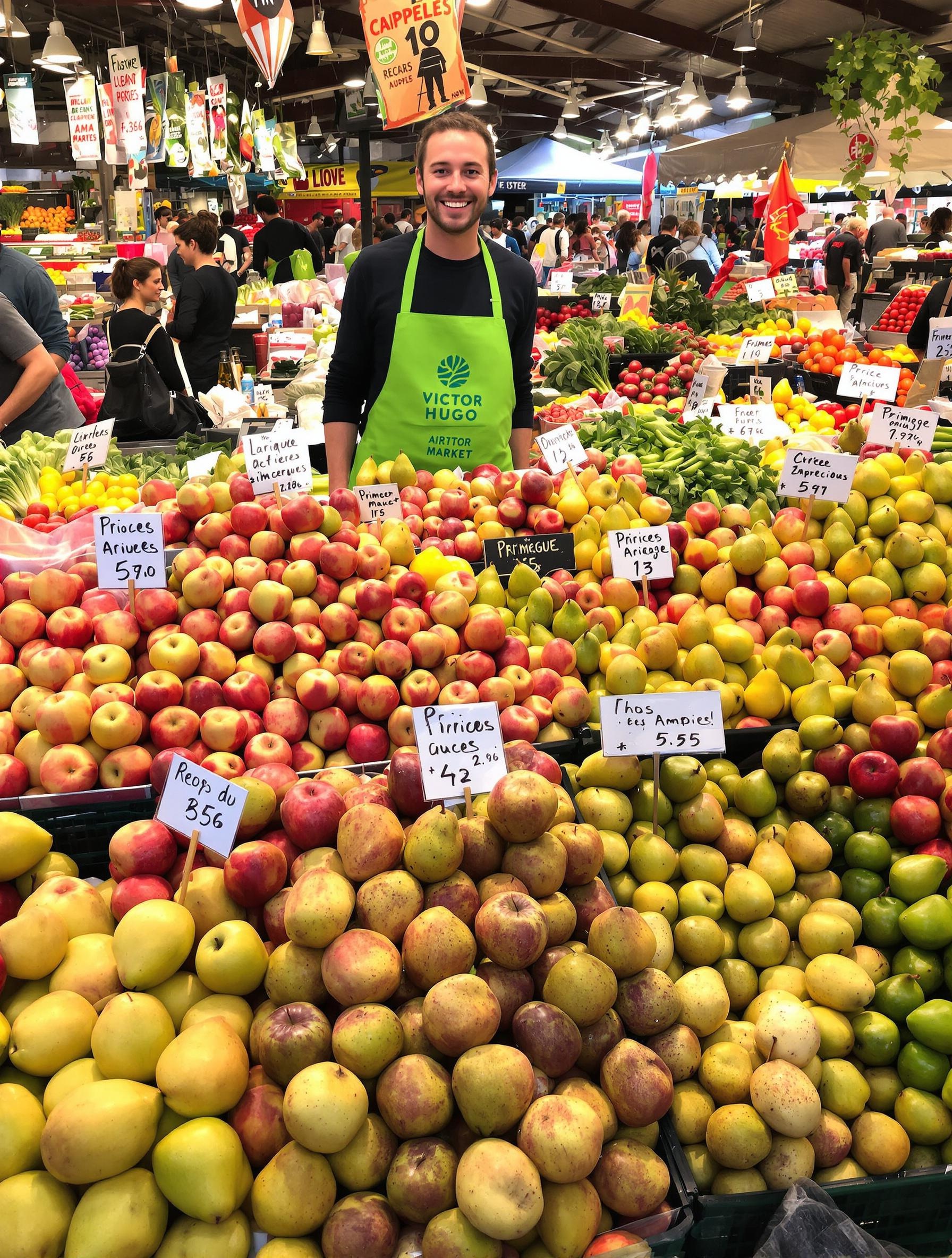 Stand coloré de primeurs au Marché Victor Hugo à Toulouse : pommes ariégeoises, poires et légumes frais animés par un primeur au tablier vert.
