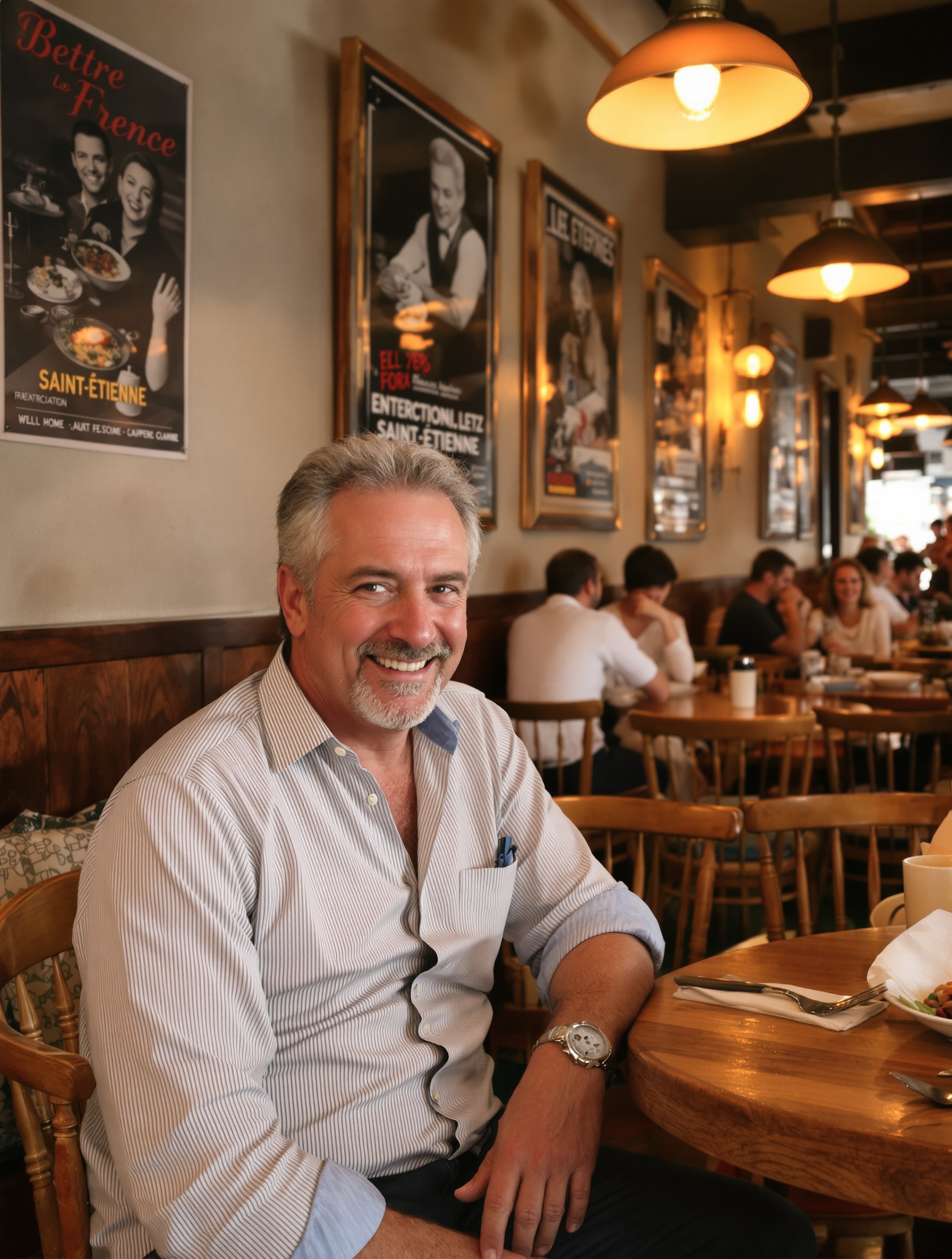 Un Stéphanois attablé devant un plat traditionnel, sourire complice, ambiance conviviale de bistrot authentique avec une décoration rétro et chaleureuse.
