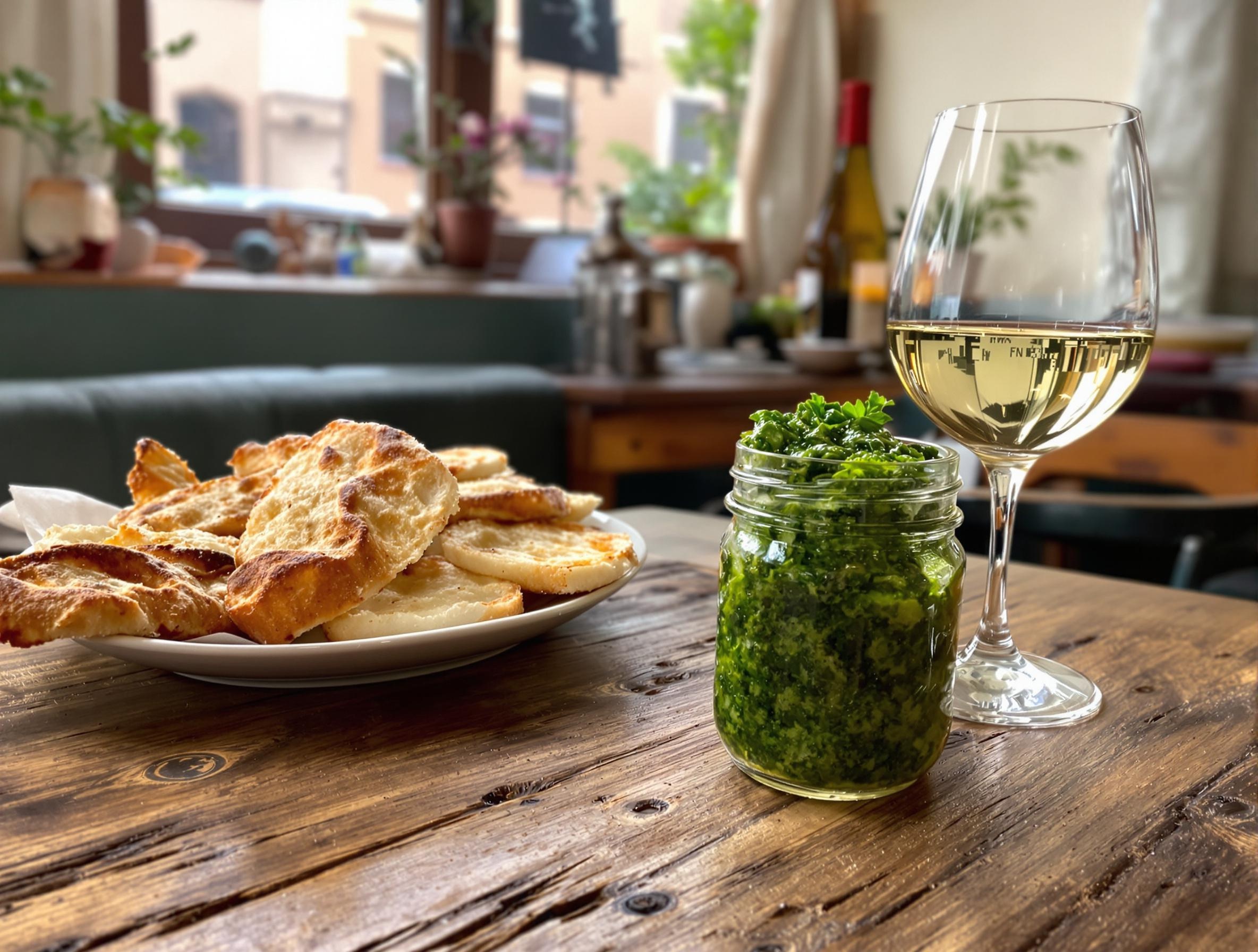 Bistrot rustique pot pesto focaccia verre vin blanc Ligurie