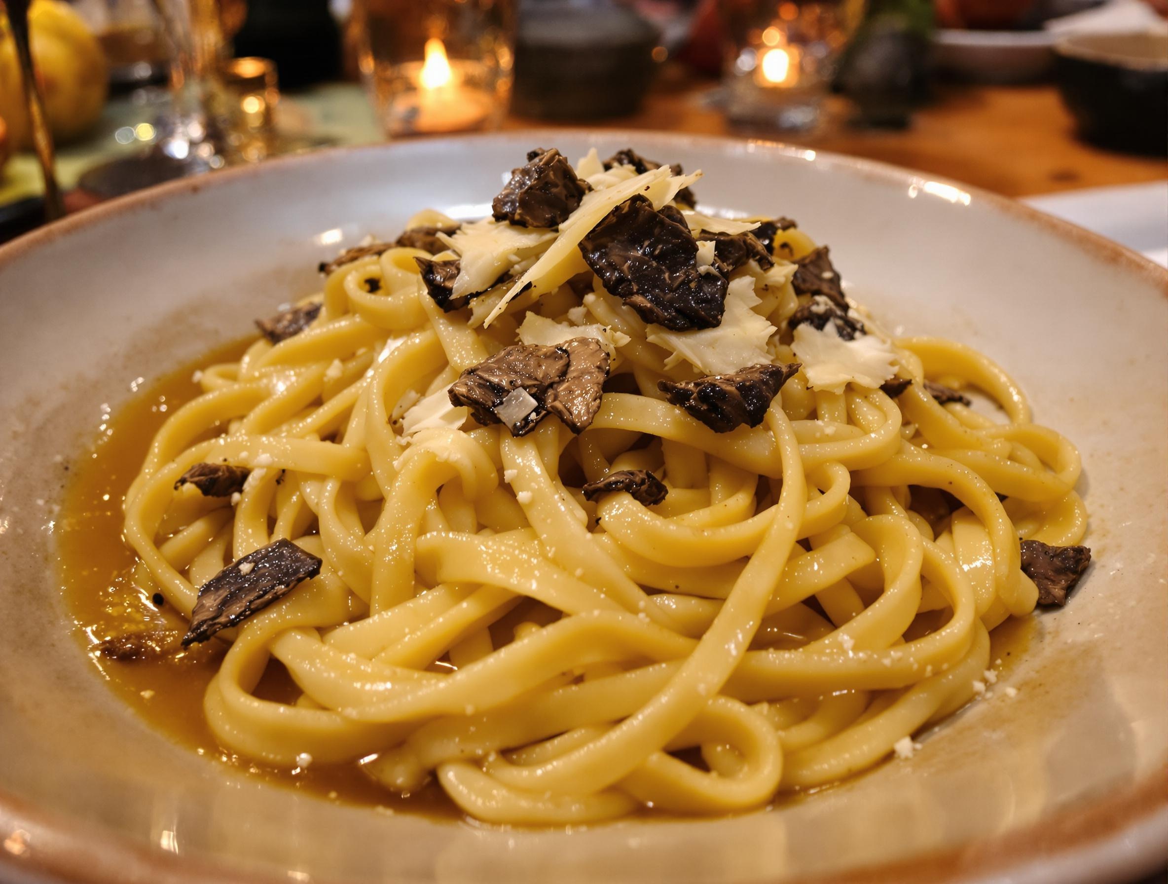 Tajarin aux truffes fraîches avec huile locale, servi dans une assiette rustique