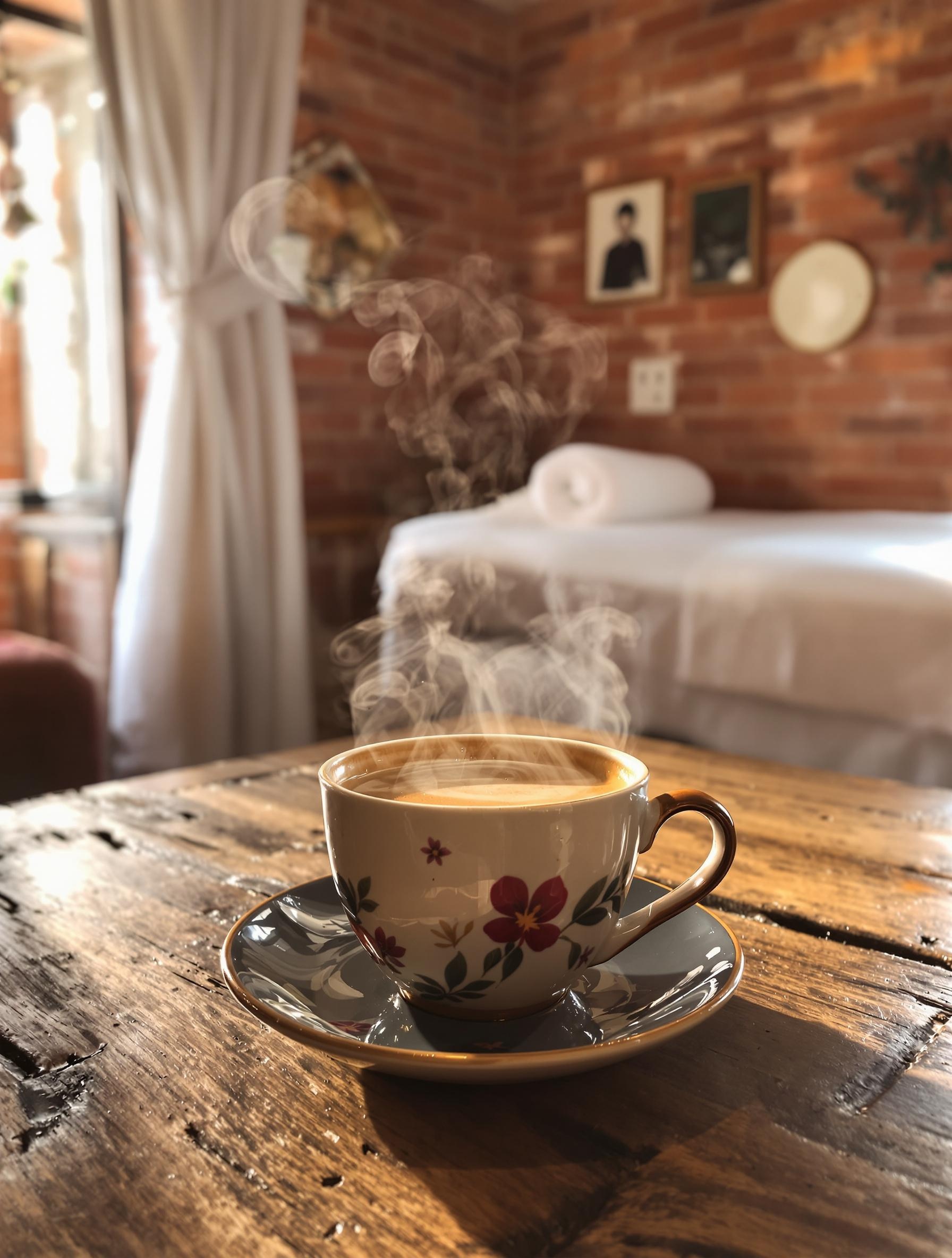 Café du matin dans un spa toulousain, ambiance cosy et détails briques roses