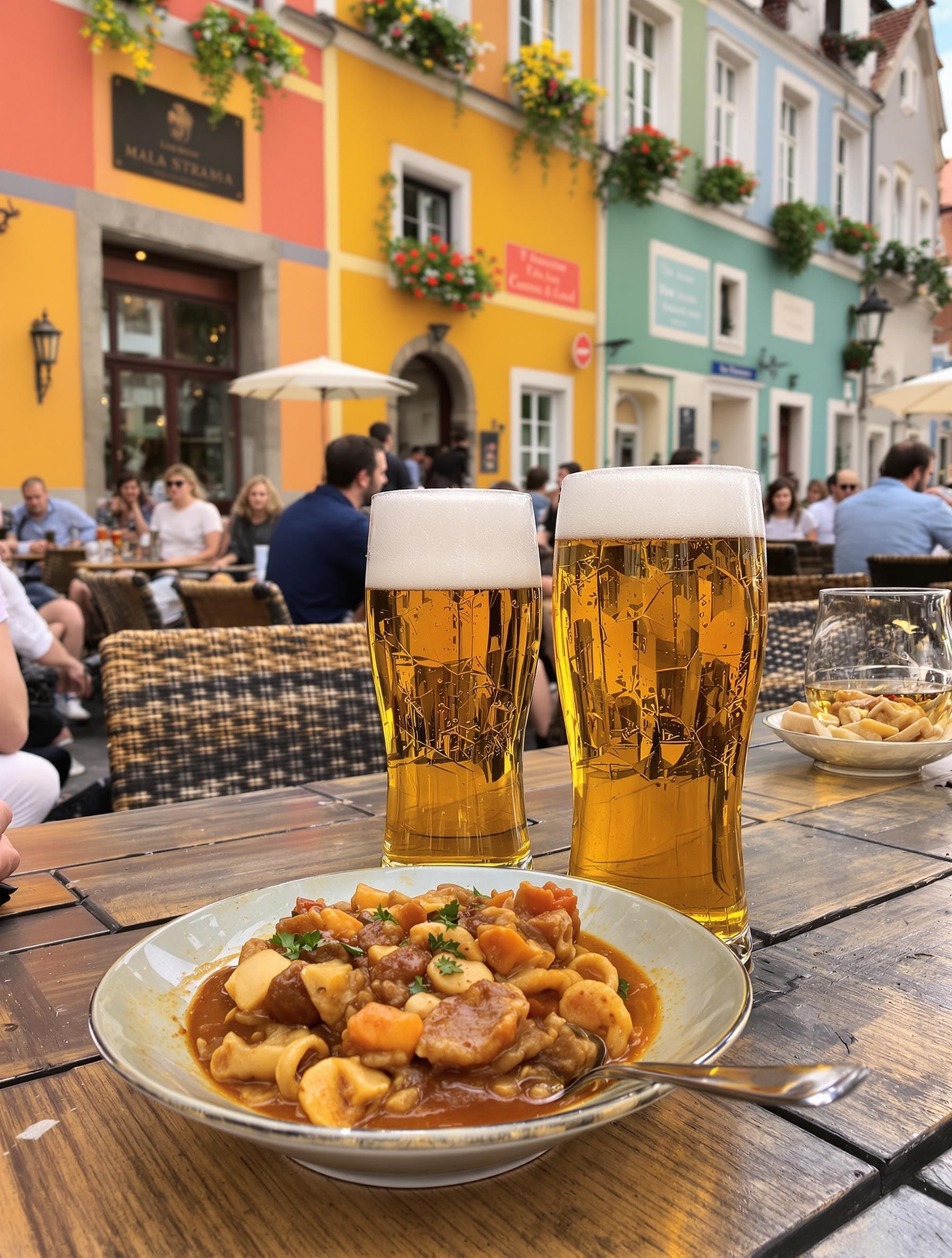 Terrasse conviviale d’un café typique de Malá Strana avec goulash tchèque