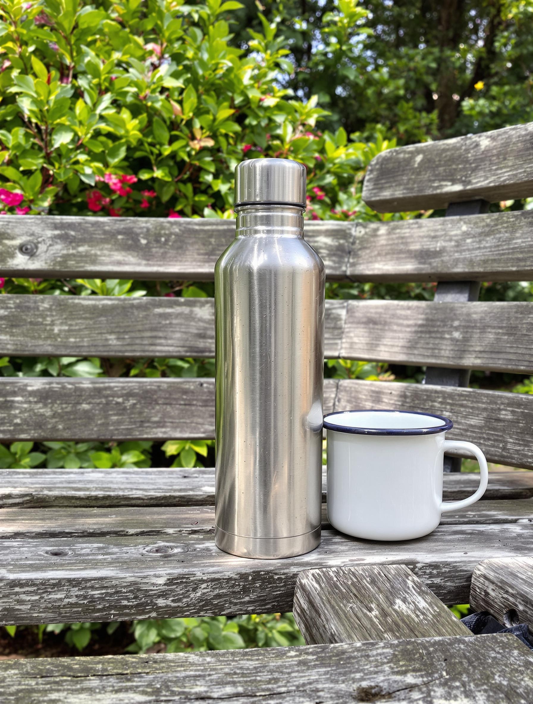 Thermos cabossé avec mug posé sur un banc du parc