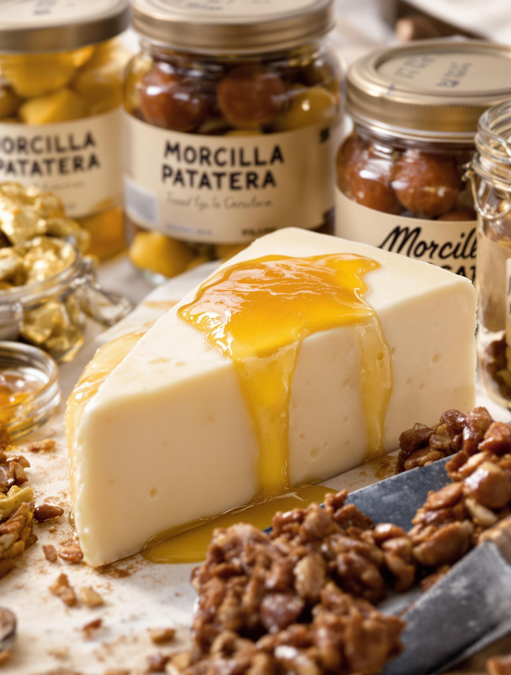 Torta del Casar nappée de miel avec bocaux de morcilla patatera en arrière-plan