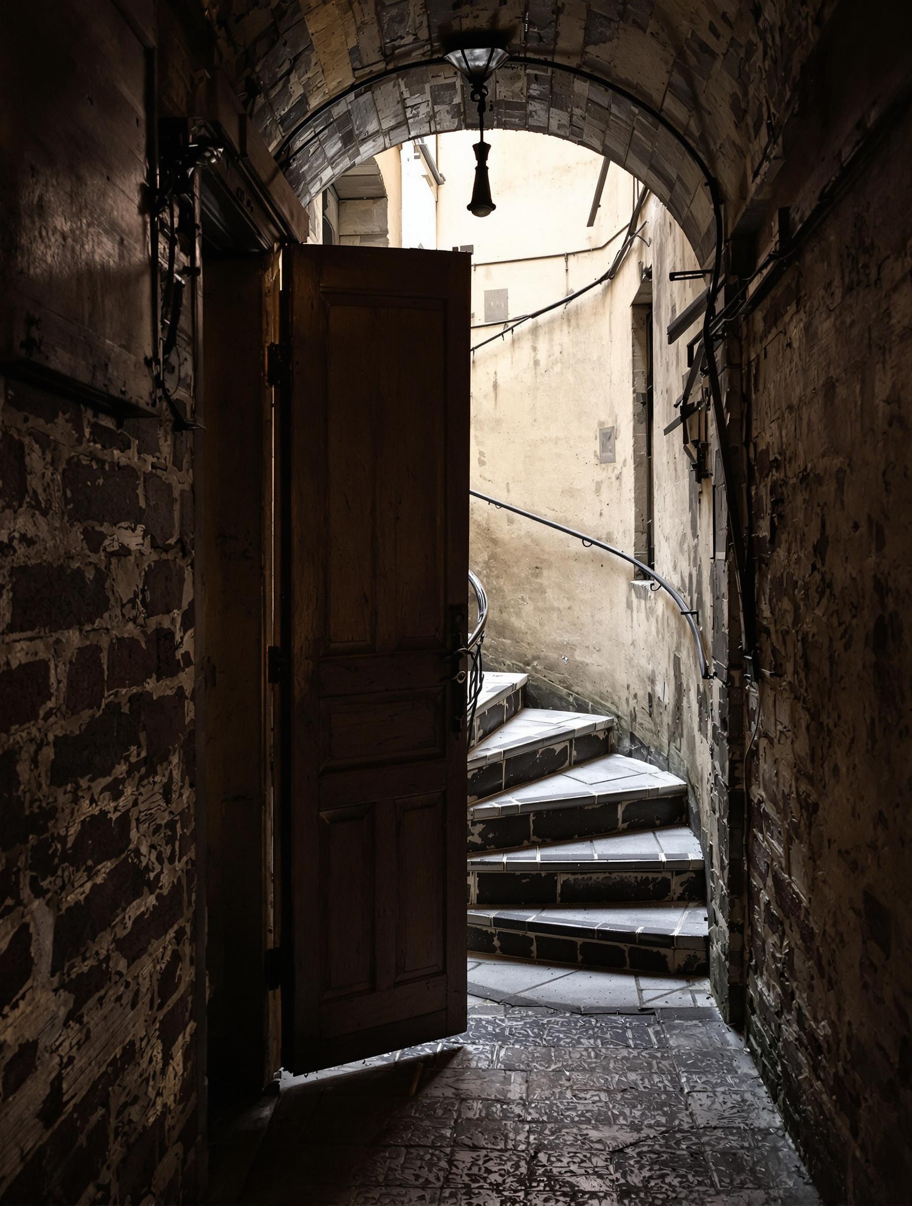 Traboule mystérieuse dans le Vieux Lyon, escalier en colimaçon et cour cachée
