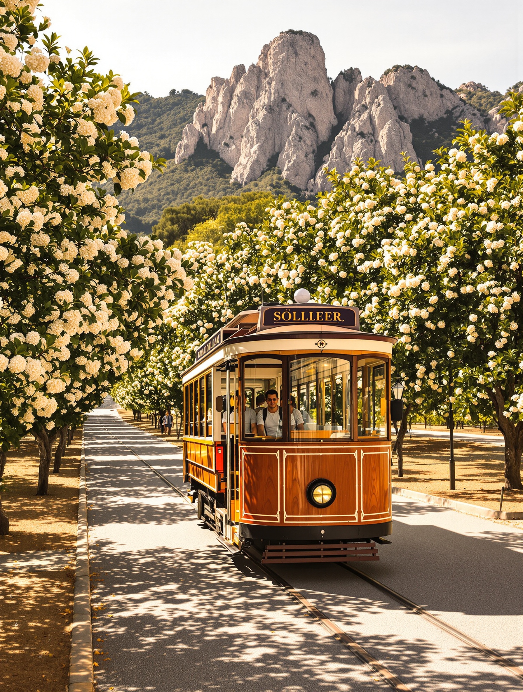 Tramway en bois Sóller traversant orangers fleuris au pied de la Tramuntana