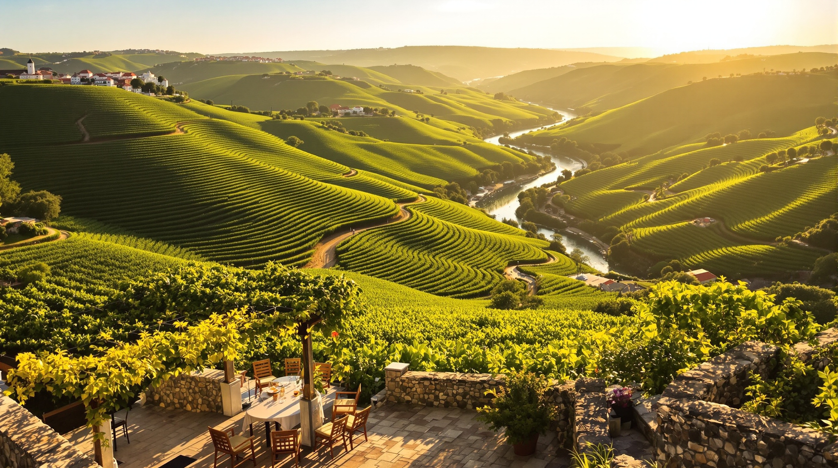 Vallée du Douro, quinta traditionnelle, coucher de soleil sur les vignes classées UNESCO
