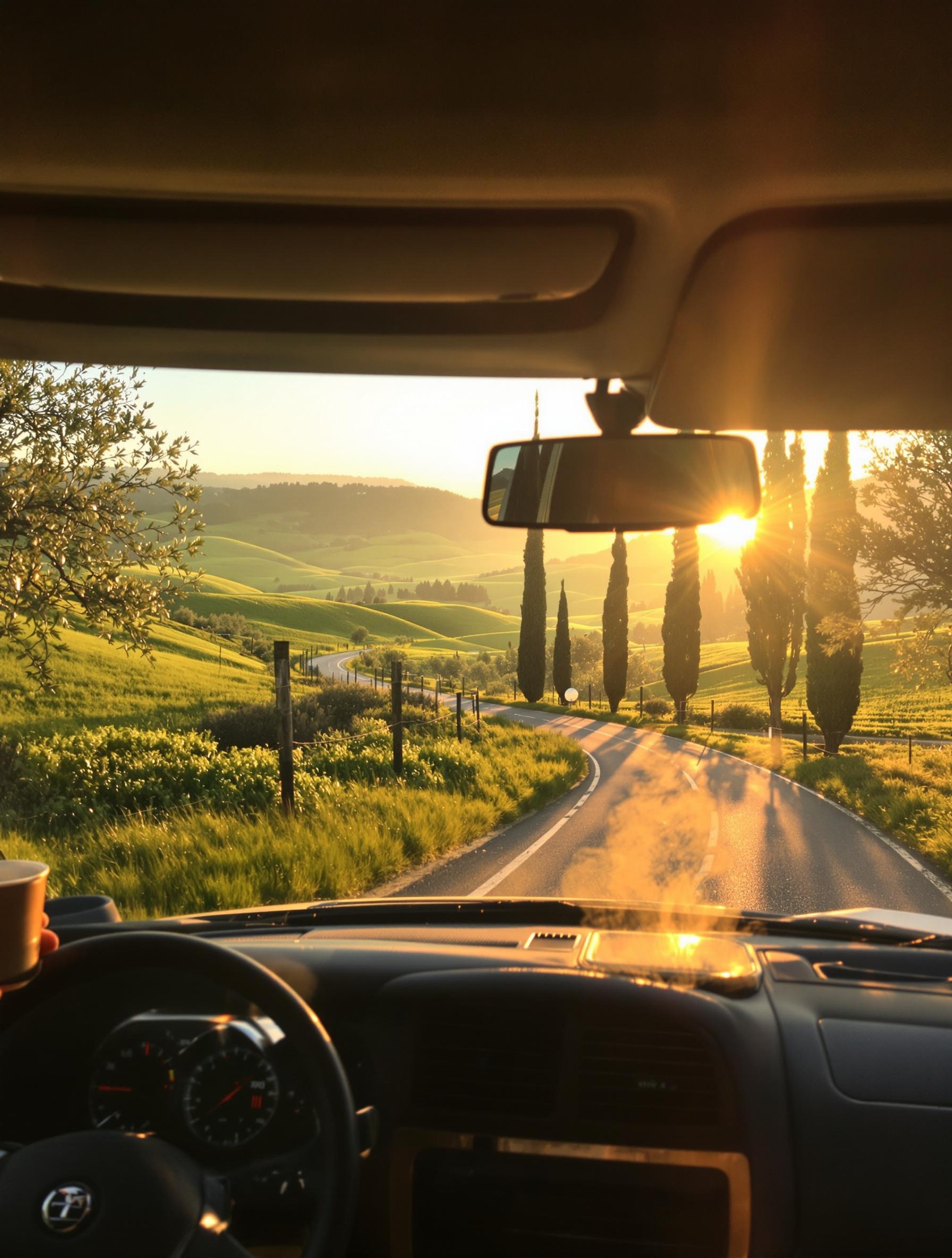Van aménagé sur une route italienne vallonnée au lever du soleil