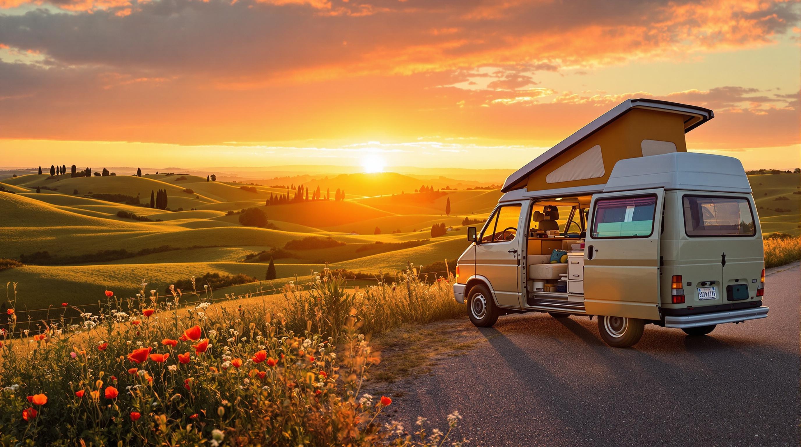 Van aménagé typique sur une route toscane au coucher de soleil