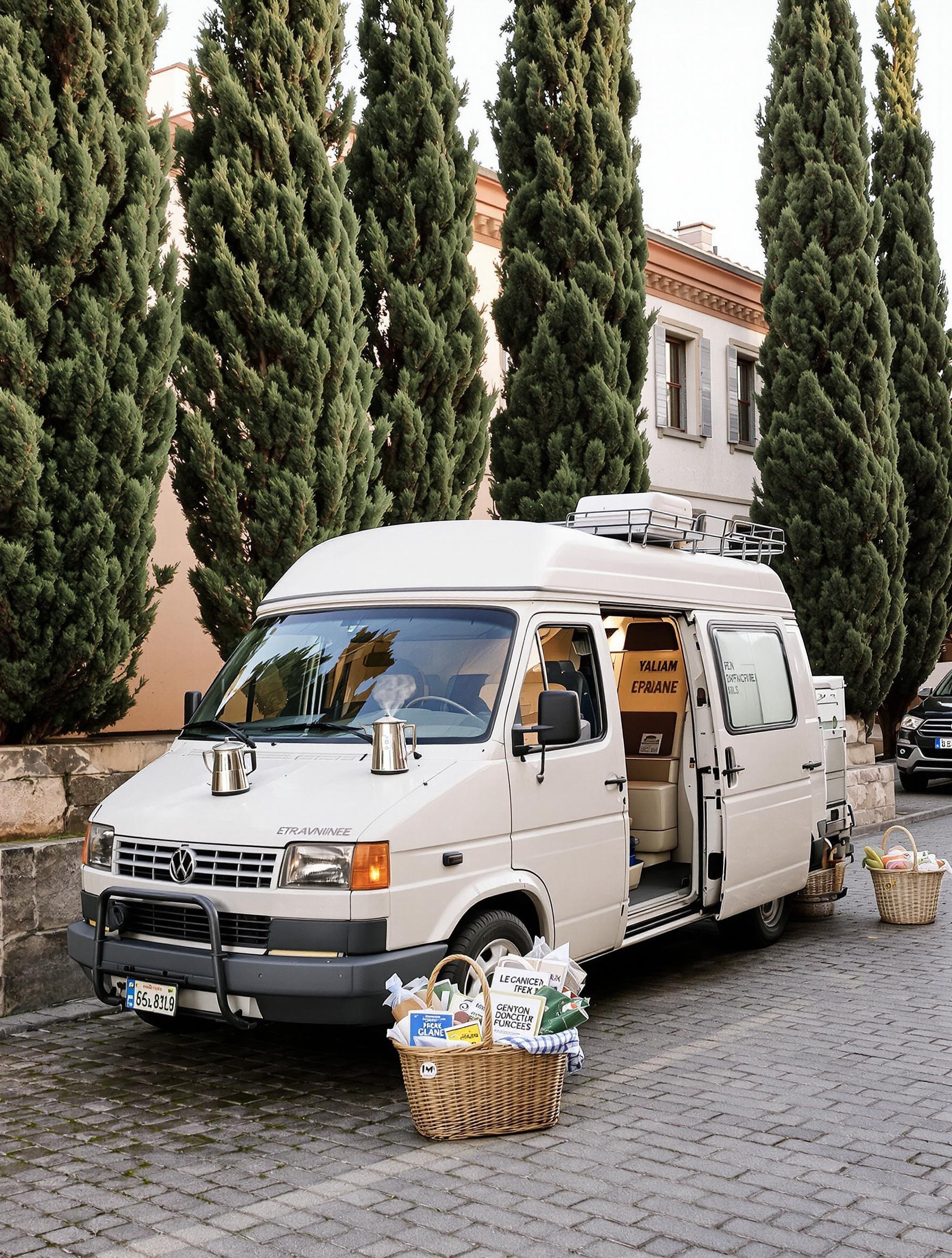 Van aménagé italien sur une place pavée avec provisions et cafetière italienne