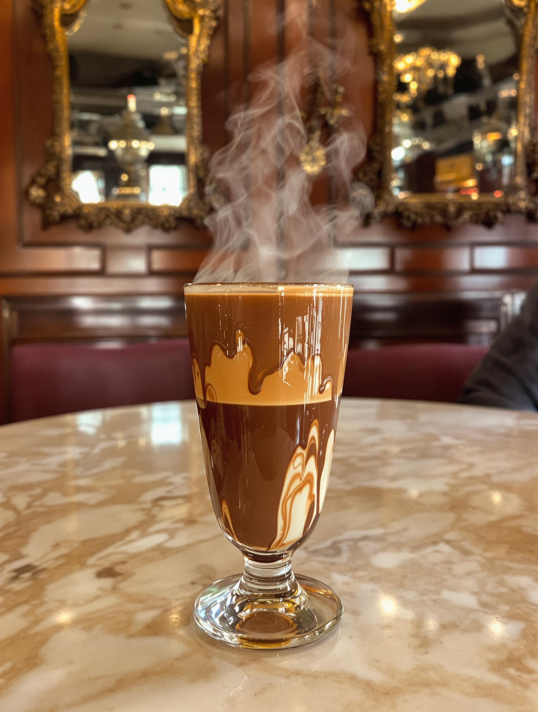 Verre de Bicerin fumant sur une table ancienne à Turin