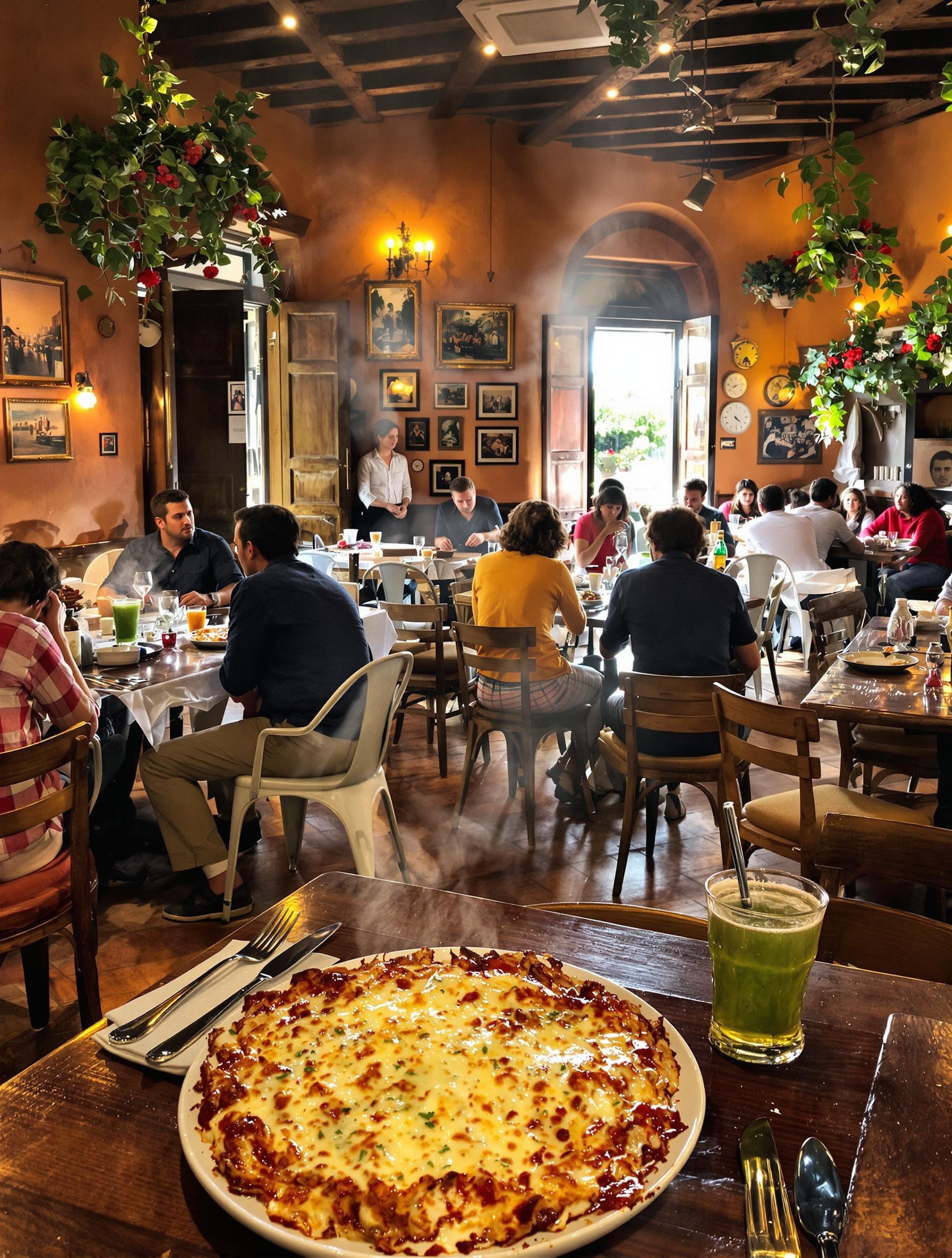 Trattoria caprese avec tables en bois et assiettes de parmigiana fumantes.