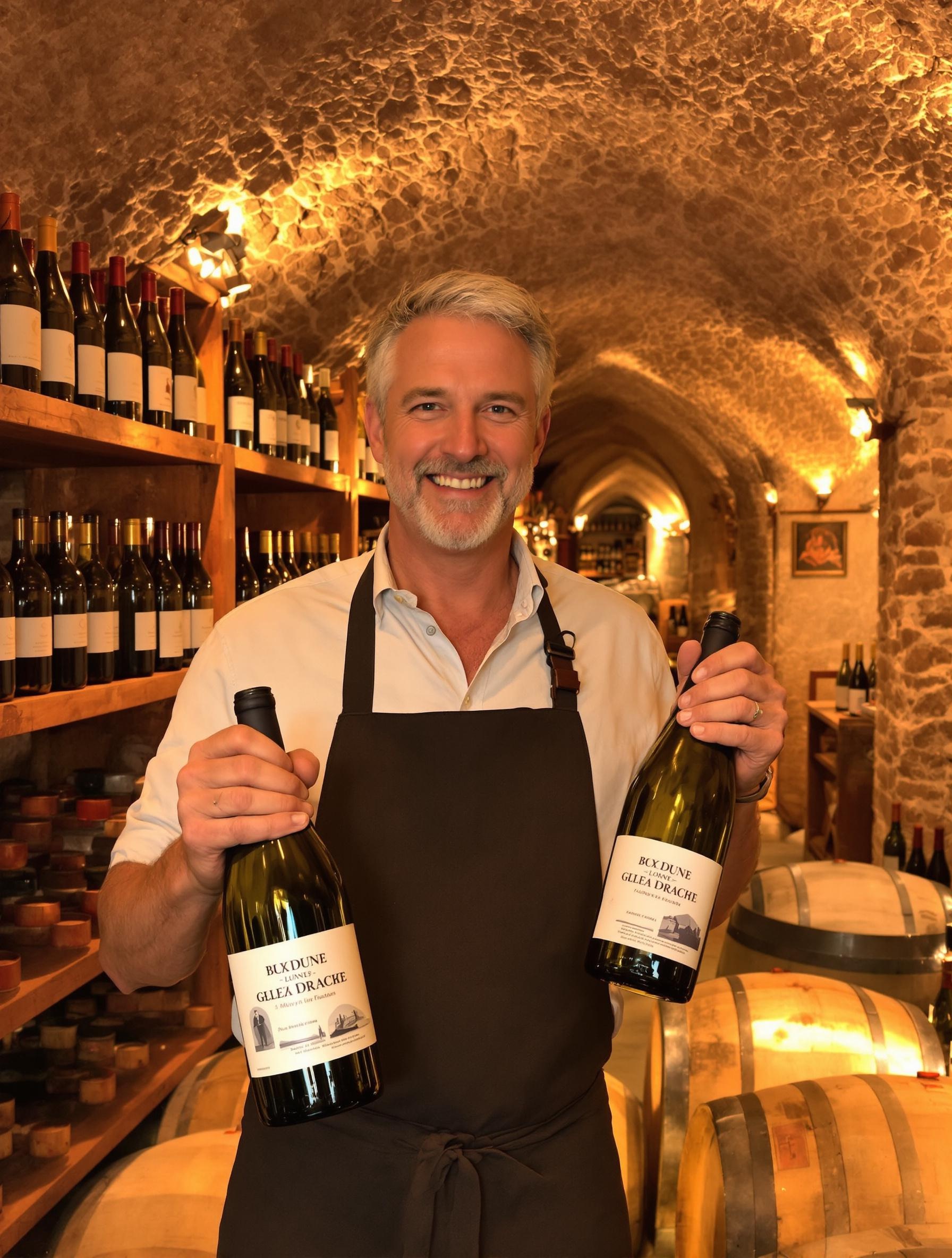 Vigneron souriant présentant ses bouteilles