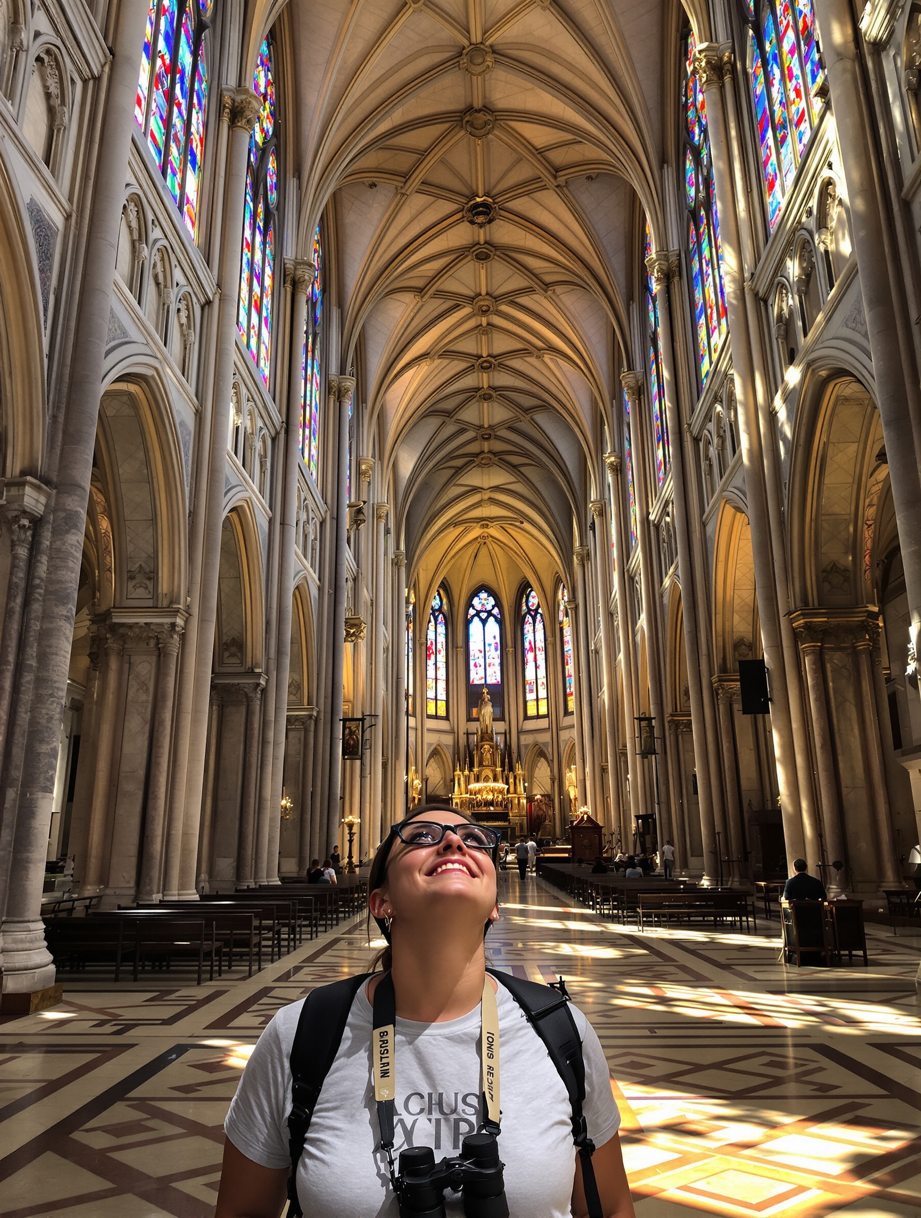 Visiteur émerveillé levant la tête dans une cathédrale avec jumelles