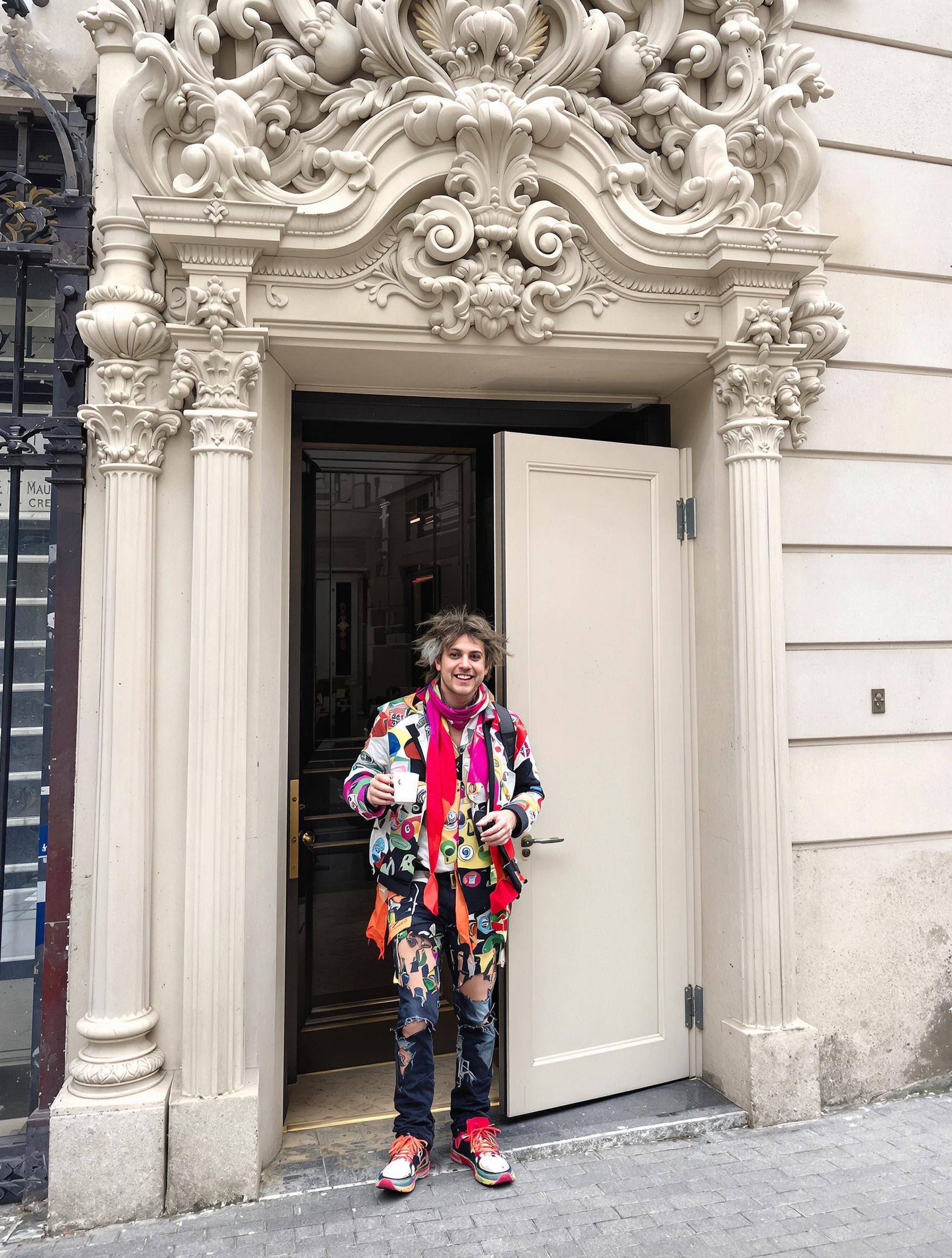 Un visiteur excentrique, mug de café cabossé à la main, sort du Musée Grévin un brin ébouriffé, l’air ravi et intrigué, devant la façade rococo. Un clin d’œil à un passage secret esquissé derrière une moulure entrouverte.
