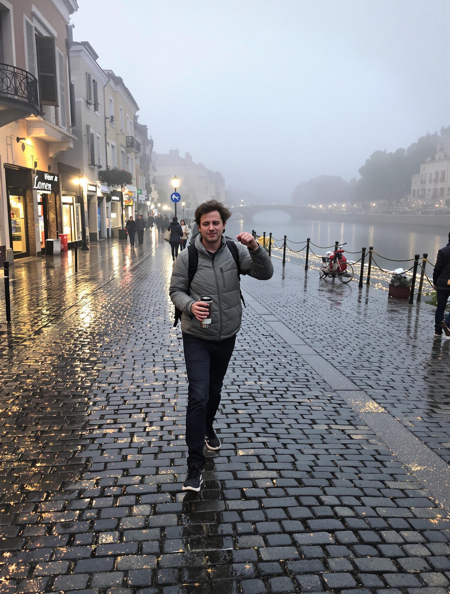 Visiteur en baskets dans le Vieux Lyon au lever du jour, pavés et brume sur la Saône